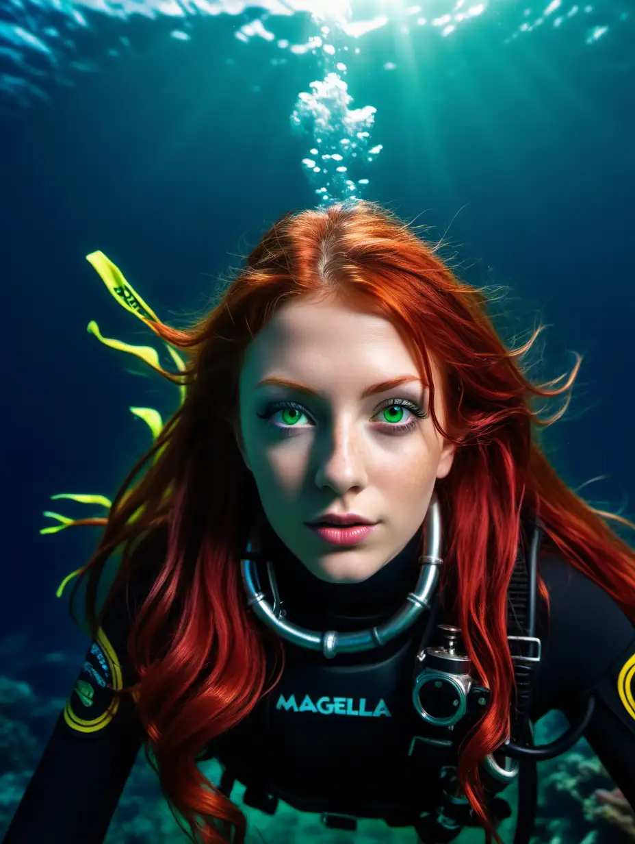 Create a high quality photography of 25 years old magella green, long red hair, green eyes, perf3ct lips. She w3ars scuba diving sport attire. She is casually looking at the camera as she dives in the deep ocean. Marine wild live is the background scenary. High definition 8k image, octane render 