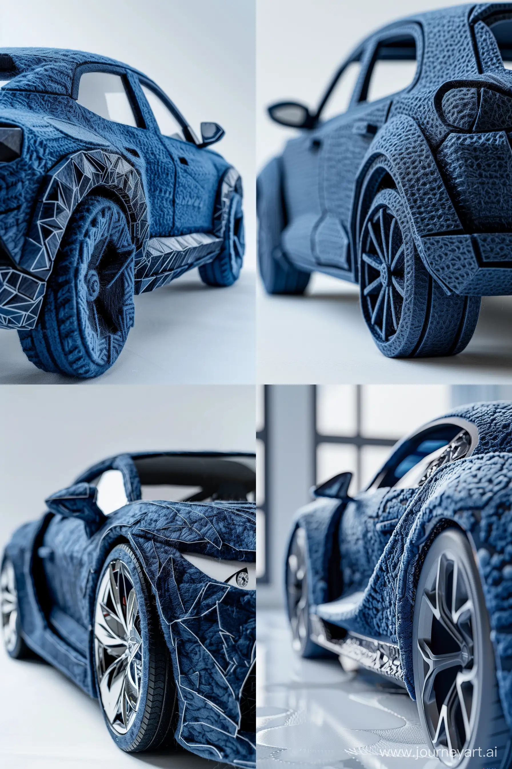 Intricate-Navy-Blue-Wool-Car-Sculpture-Realistic-Fine-Detailing