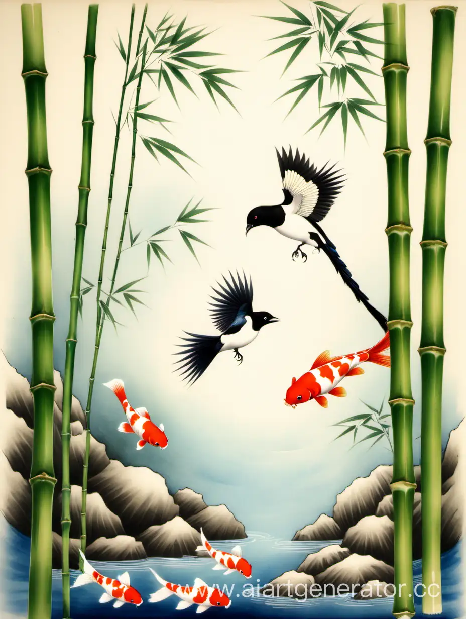 Tranquil-Bamboo-Grove-with-Koi-Pond-and-Magpies-in-Harmony