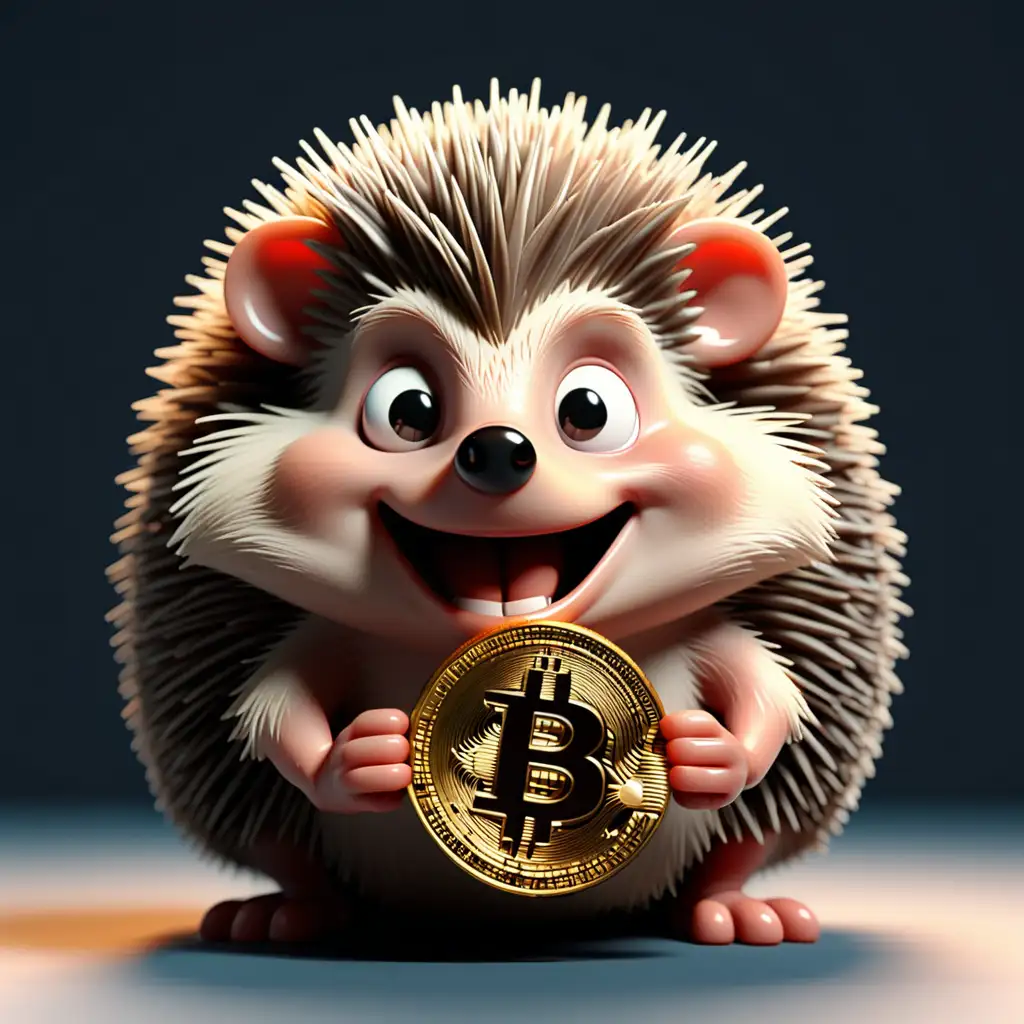 Cheerful Animated Hedgehog Holding a Bitcoin Sign