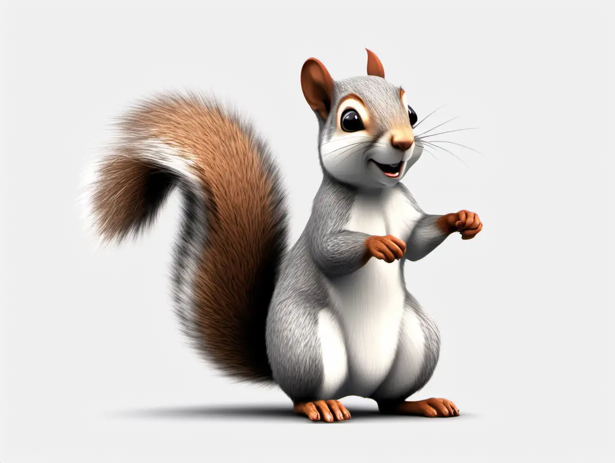 Friendly Animated Cartoon Grey Squirrel on White Background
