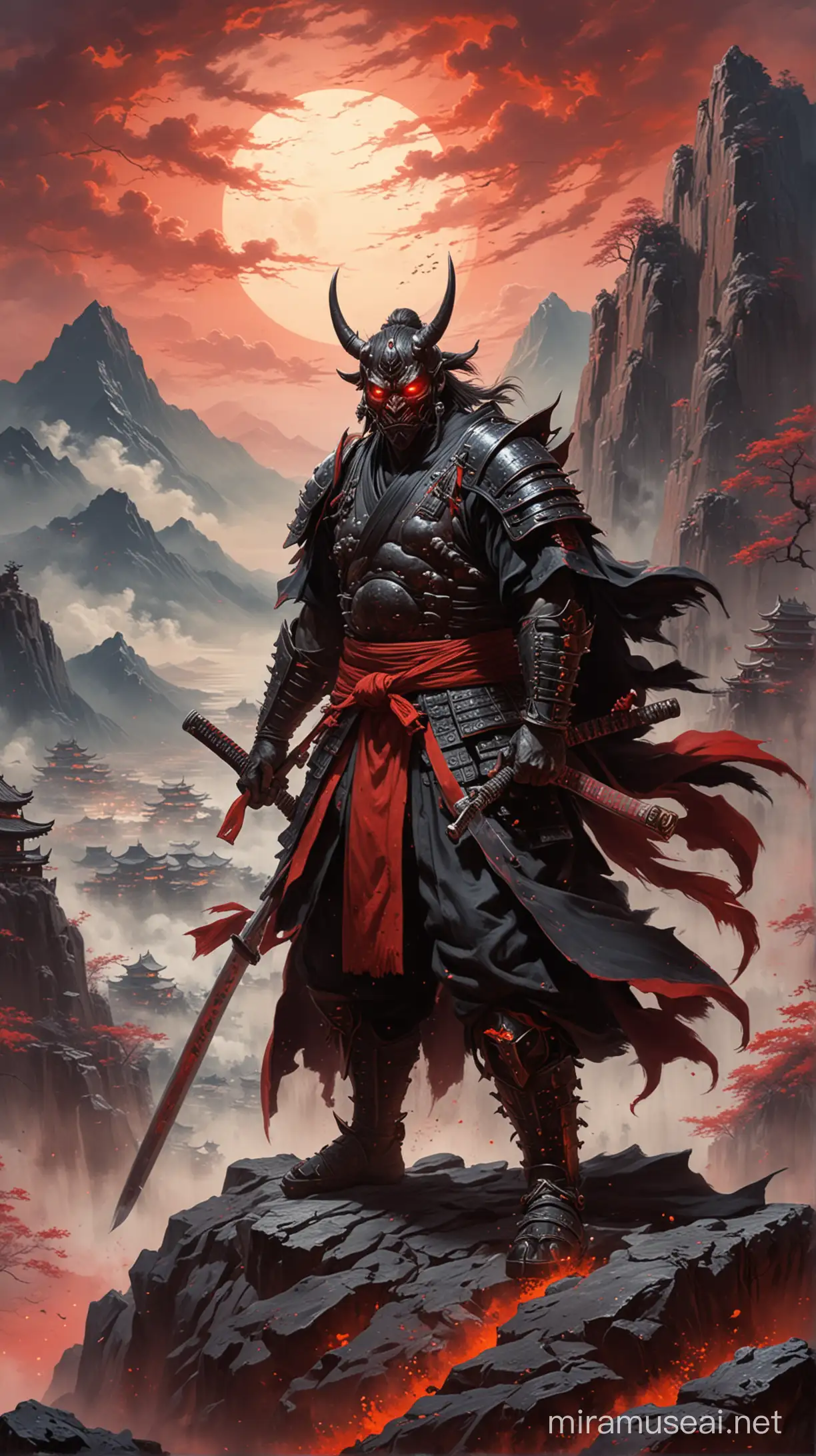 (masterpiece painting art), brutal samurai warrior, ((oni samurai)), red- glow eyes, in black-red samurai armour, holding katana sword, prepare to fight, standing on top of the mountain, the wind blows flaps of clothing, behind a Japanese fantasy city, the sky is covered with black magical ghosts, Frazetta, derpd, DarkSpheraStyle
