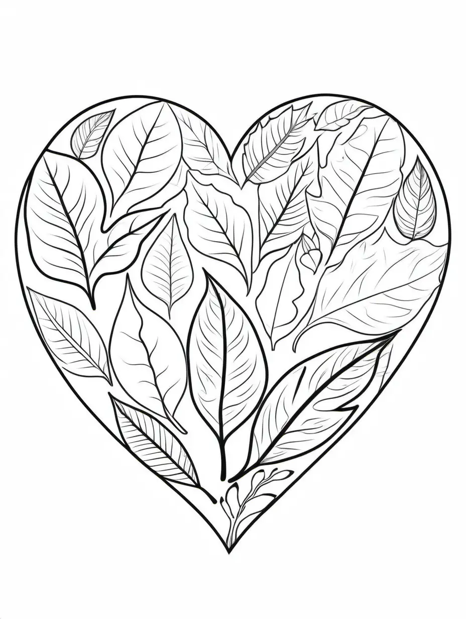 different leaves inside of a heart, Coloring Page, black and white, line art, white background, Simplicity, Ample White Space. The background of the coloring page is plain white to make it easy for young children to color within the lines. The outlines of all the subjects are easy to distinguish, making it simple for kids to color without too much difficulty
