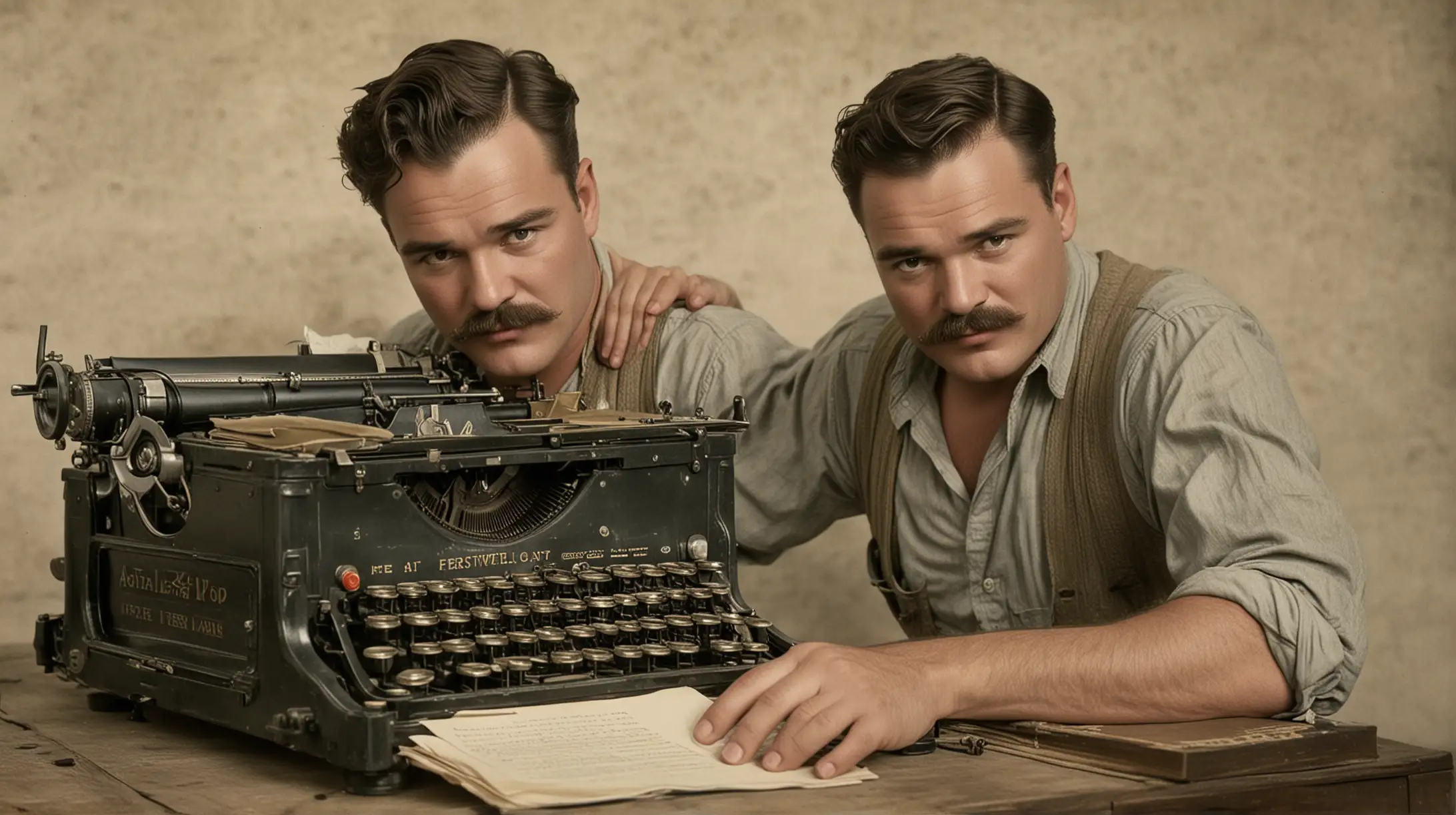 Year 1917. Ernest Hemingway He writes with the typewriter. The title of the page is "A Farewell to Arms". Styled like an old hand-colored silent film.