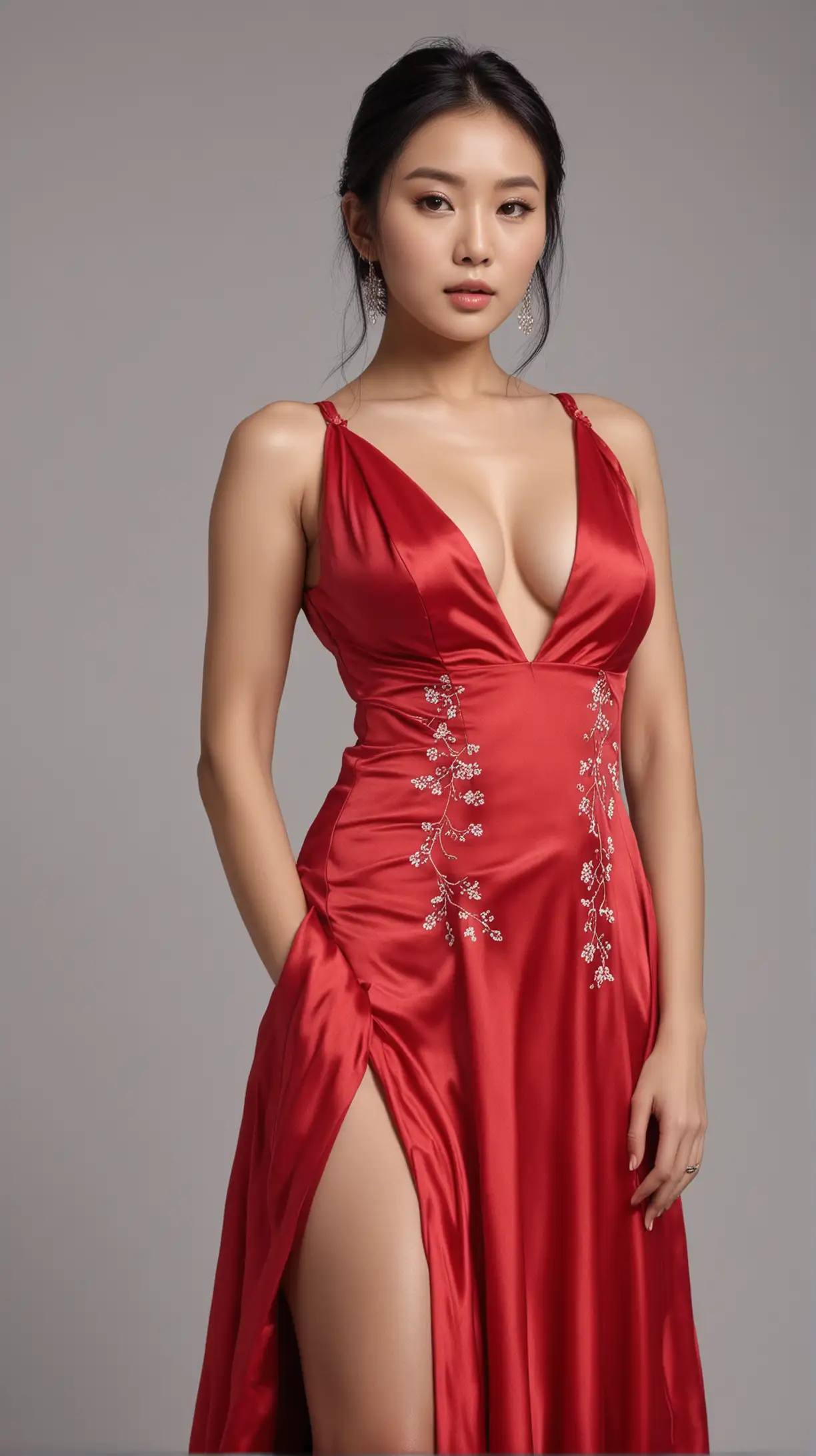 亚洲性感女生模特，穿着cherry红礼服，正面，单色的背景，逼真，4k高清，