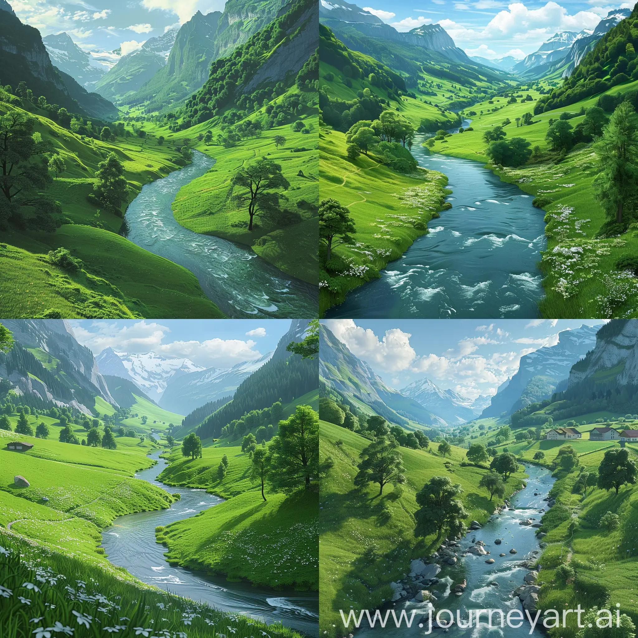 a river running through a lush green valley, by Franz Hegi, polycount contest winner, soothing and cozy landscape, switzerland, serene illustration, quiet and serene atmosphere, beautiful artist rendering, blissful landscape, amazing background, in a serene landscape, hyperrealistic symmetrical 8k, environment design illustration, anime landscape, serene landscape, realistic shading, airy landscape, style of raphael lacoste