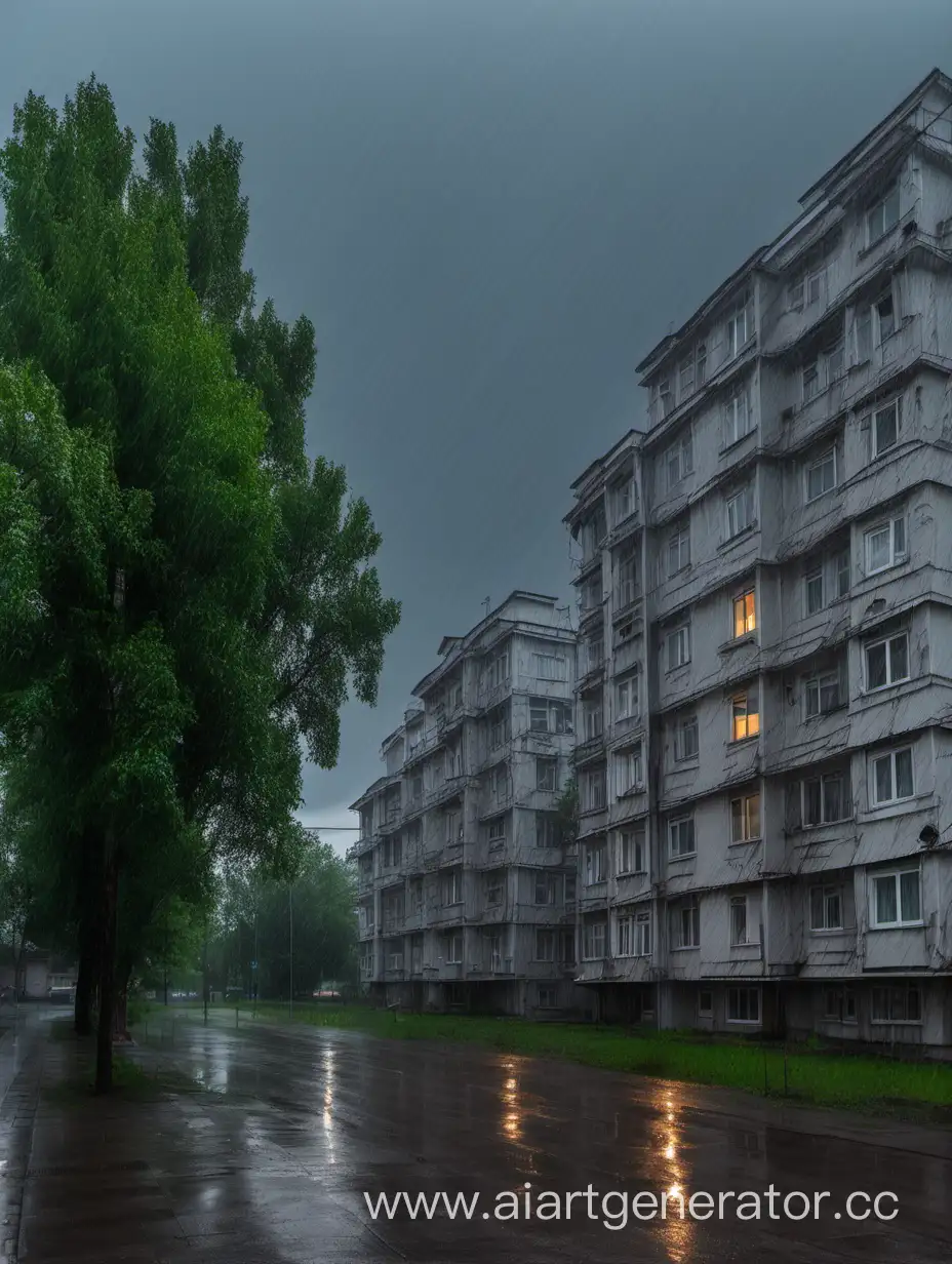6 grey Khrushchevka buildings with trees in summer with rain in evening