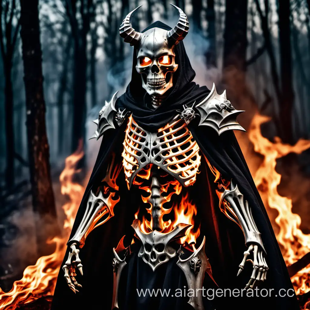 Skeleton, lightning, burning eyes, cloak, metal Armor, Burning Forest, Knight's Armor, evil, Fire, Horns, weight Armor, scary, metal skull, dead body's, Dark, night, Hood, burning