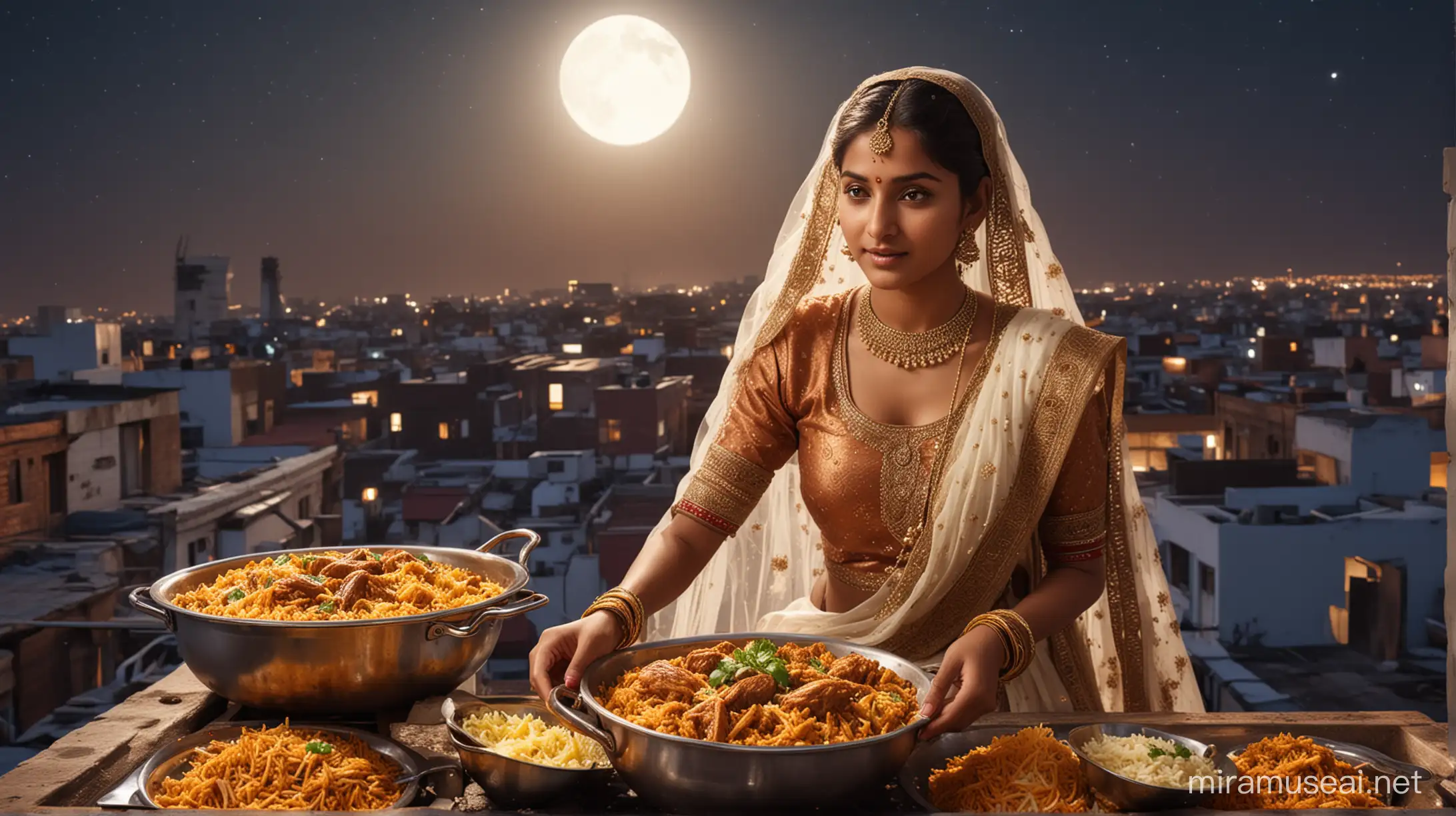 Generate a hyper-detailed image of an Indian girl, dressed as a bride, cooking biryani on a rooftop. Show the moon in the night sky, casting a soft glow over the scene, highlighting the intricate details of the cooking process and the surrounding environment