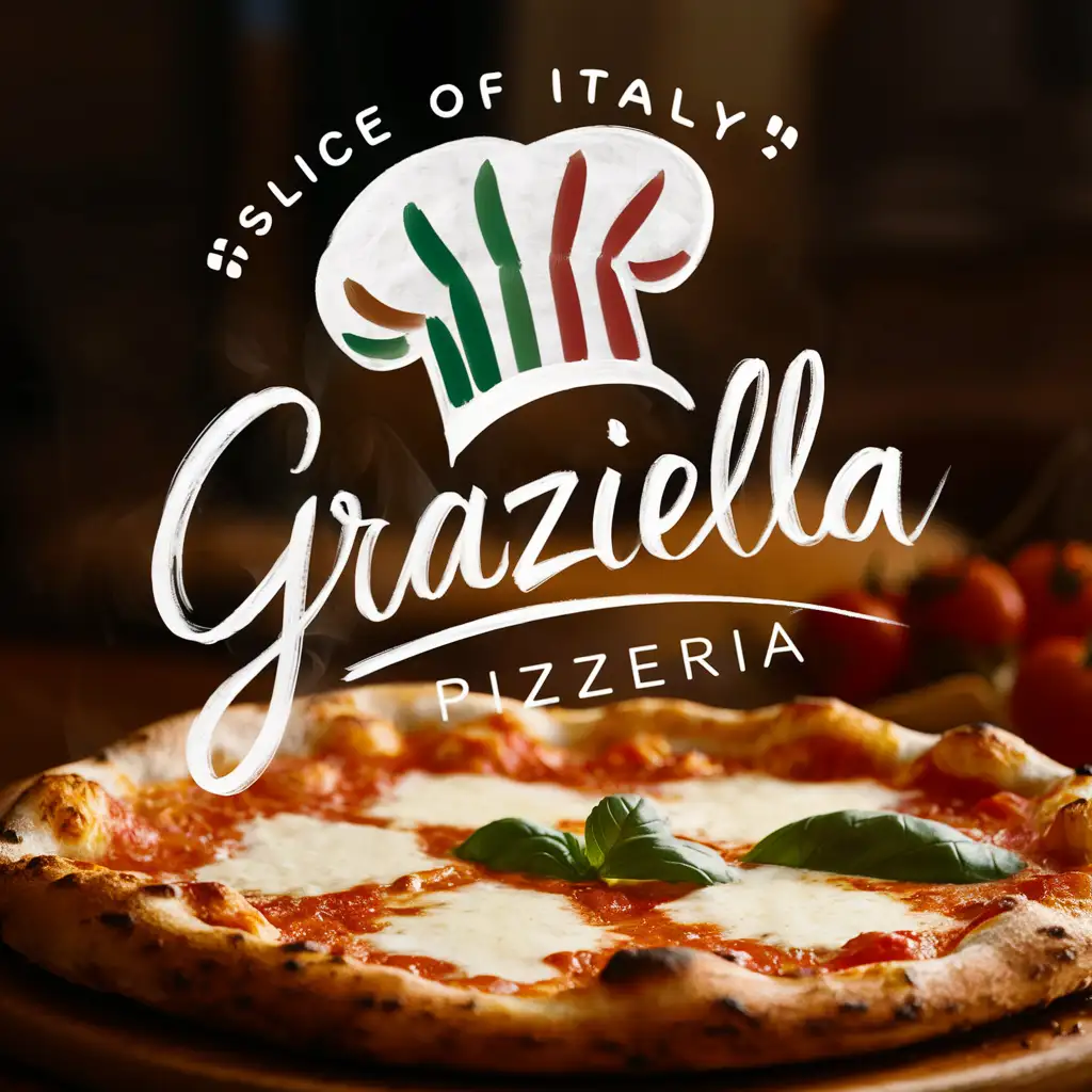 Handwriting Graziella Pizzeria logo, Chef hat, Italian colors, Quote Slice of Italy, hot Pizza Margarita,