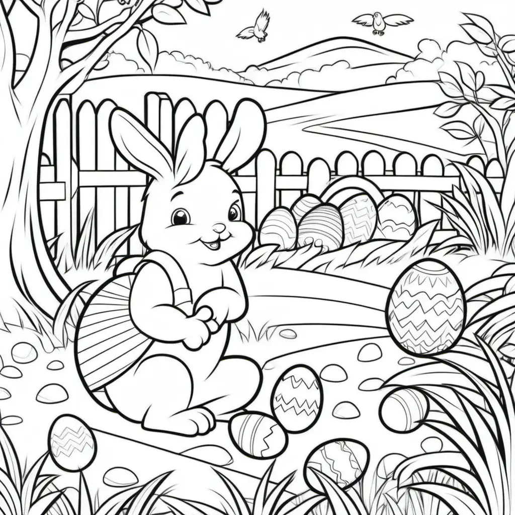 coloring page for kids, easter egg hunt, cartoon style, thick lines, no shading, low detail --ar9:11