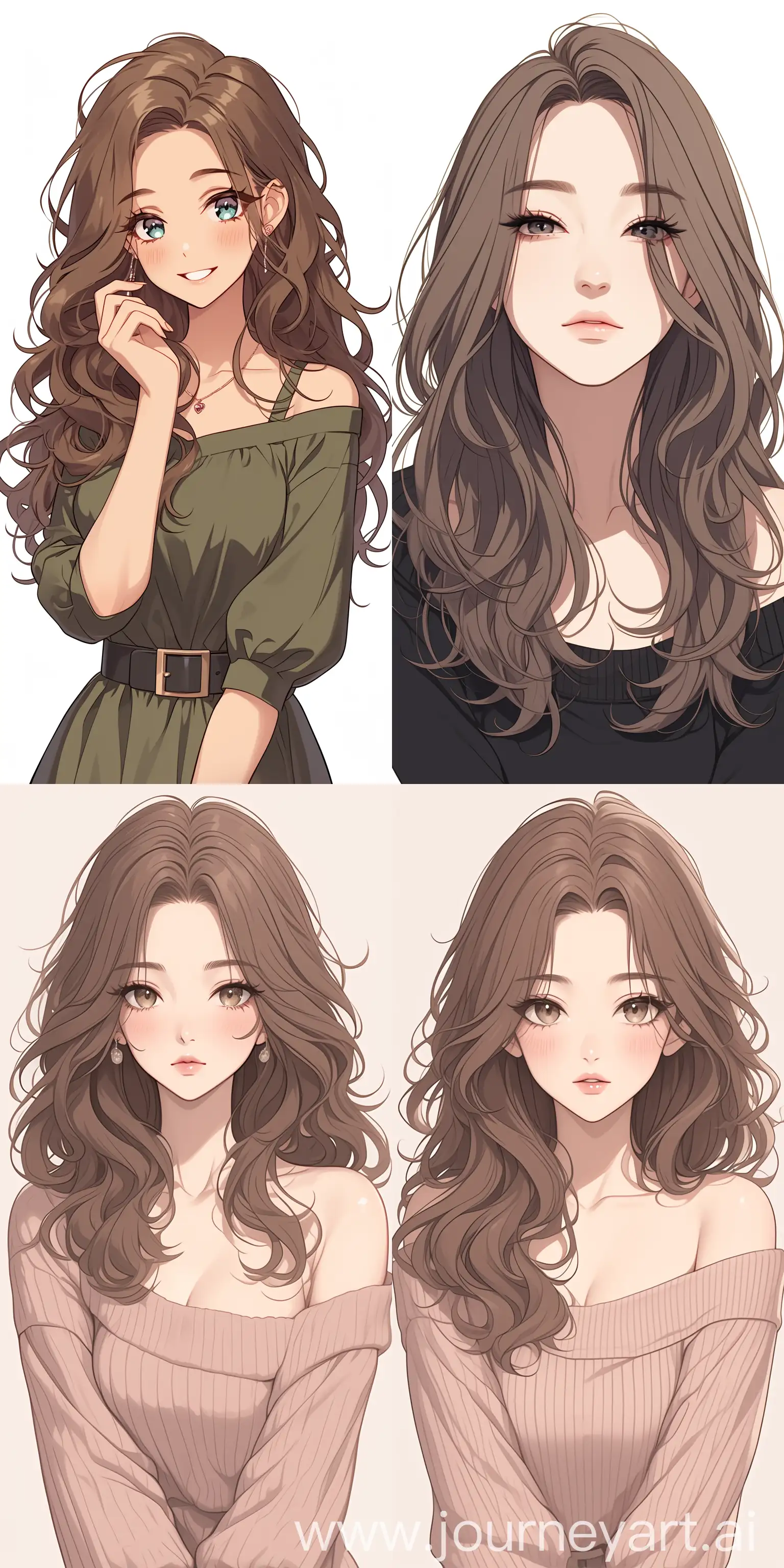 a simple cartoon of a beautiful woman with brown hair, white background, princesscore, I can't believe how beautiful this is --ar 1:2 --stylize 750 --niji 6