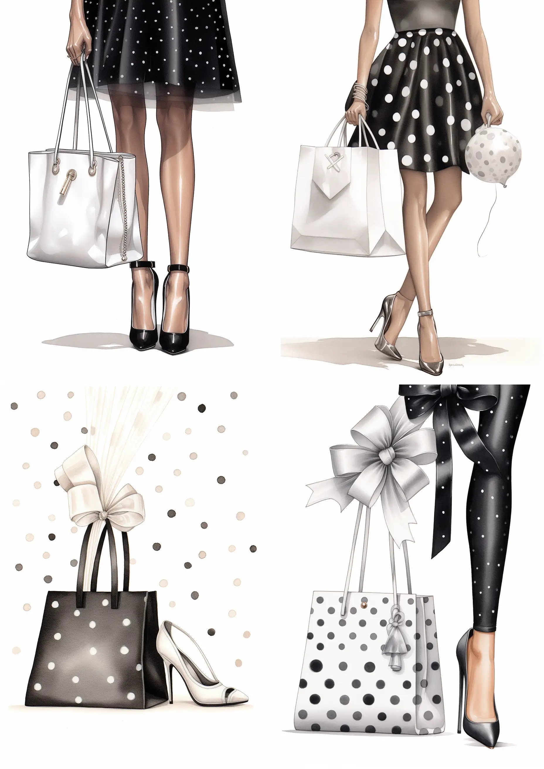 Legs, skirt sparkly white polka dot tulle, elegance black high heels, by Valentino, cartoon style, details, copic marker technique, realistic human figure, fashion illustration, white background with fancy coco chanel shopping bag, full length --ar 5:7 