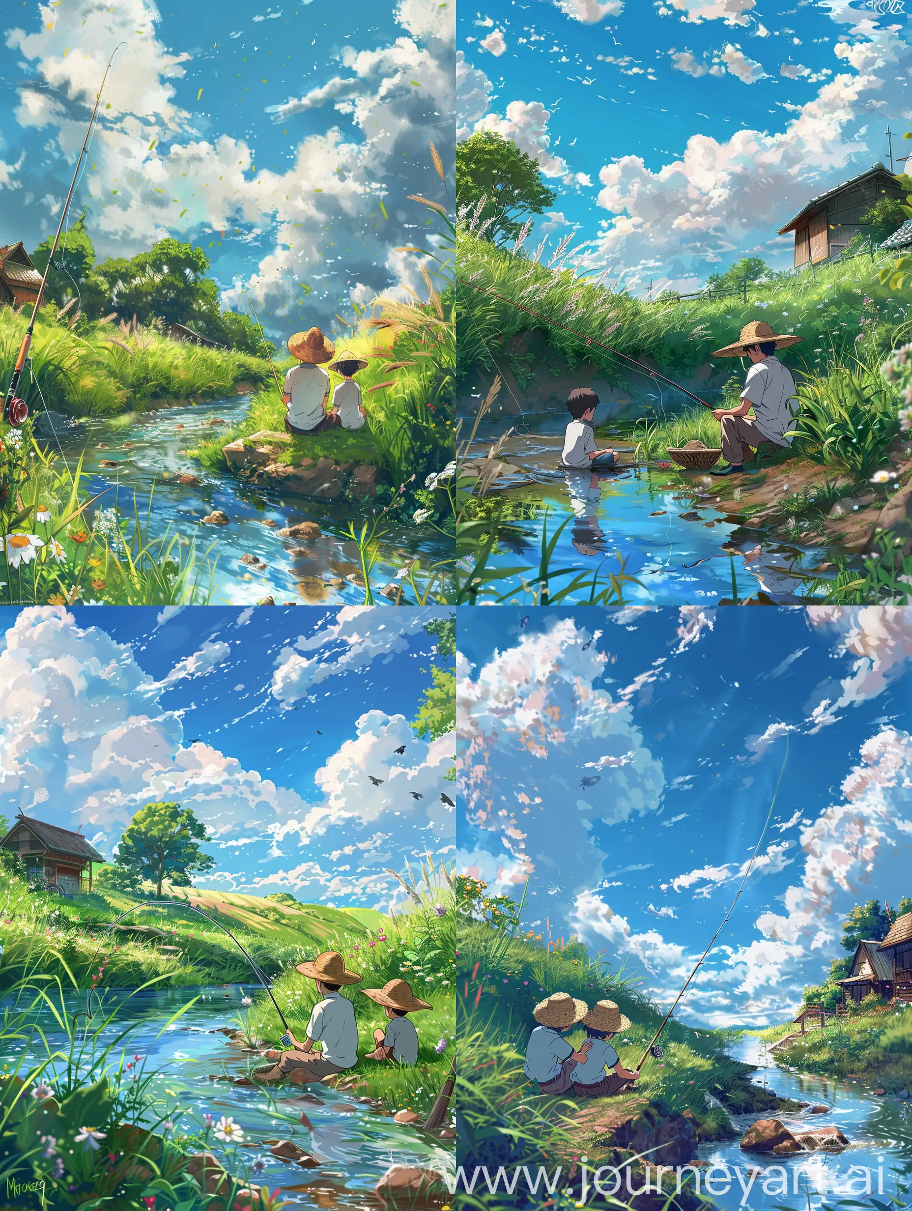 Beautiful anime style,Makoto Shinkai style,one boy with his father sitting near a small river and fishing,they are wearing a straw hat,beautiful summers,beautiful sky with fluffy clouds,grass,a little windy,some flowers,a small house made with wood can be seen,approaching the perfection (peaceful vibes) 