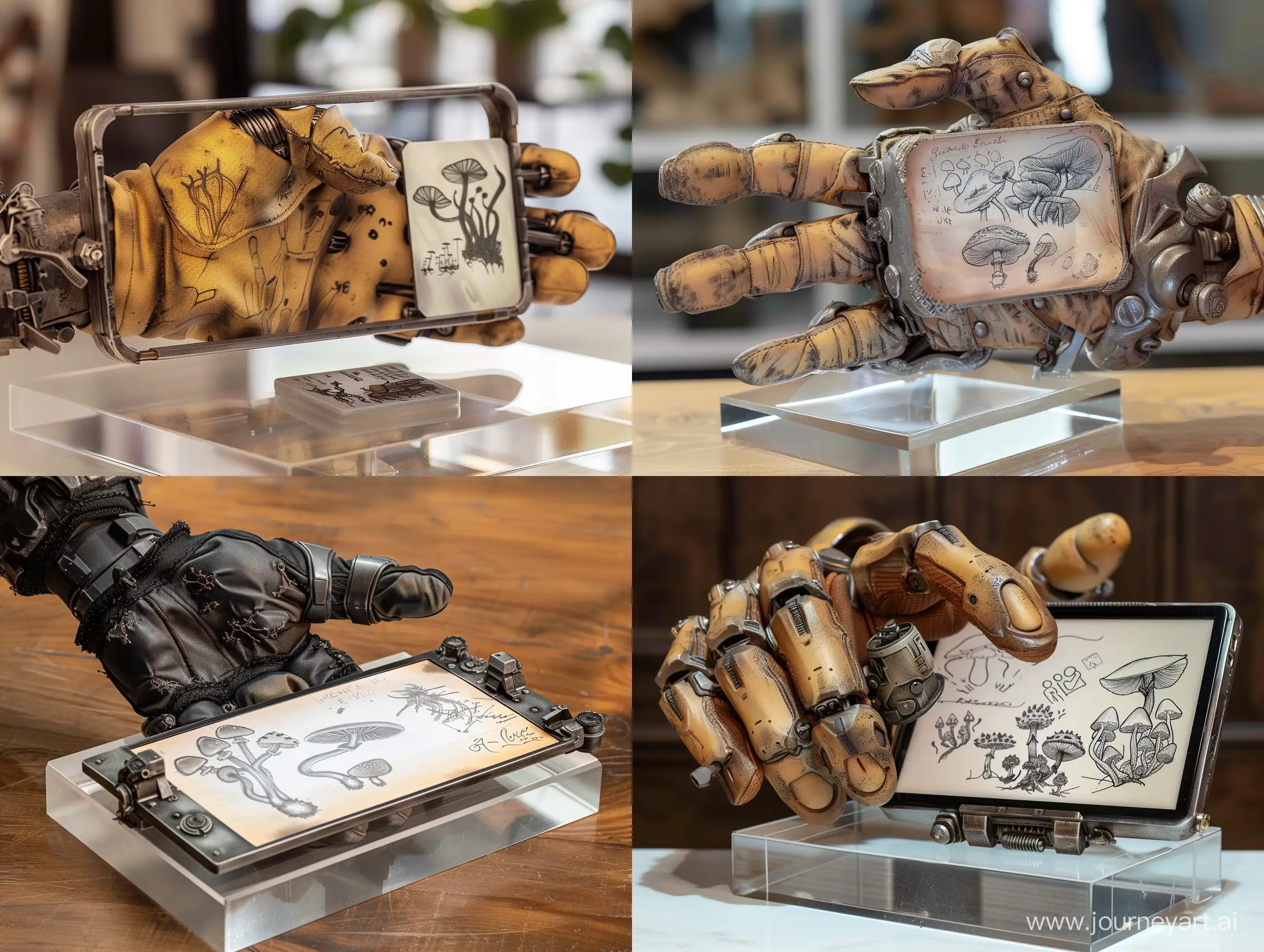 large hyper realistic figurine of a mans gloved hand, futuristic dystopian gloves, holding a metal small notepad with an e-ink display, showing sketched drawings on its screen of fungi. on a clear acrylic base