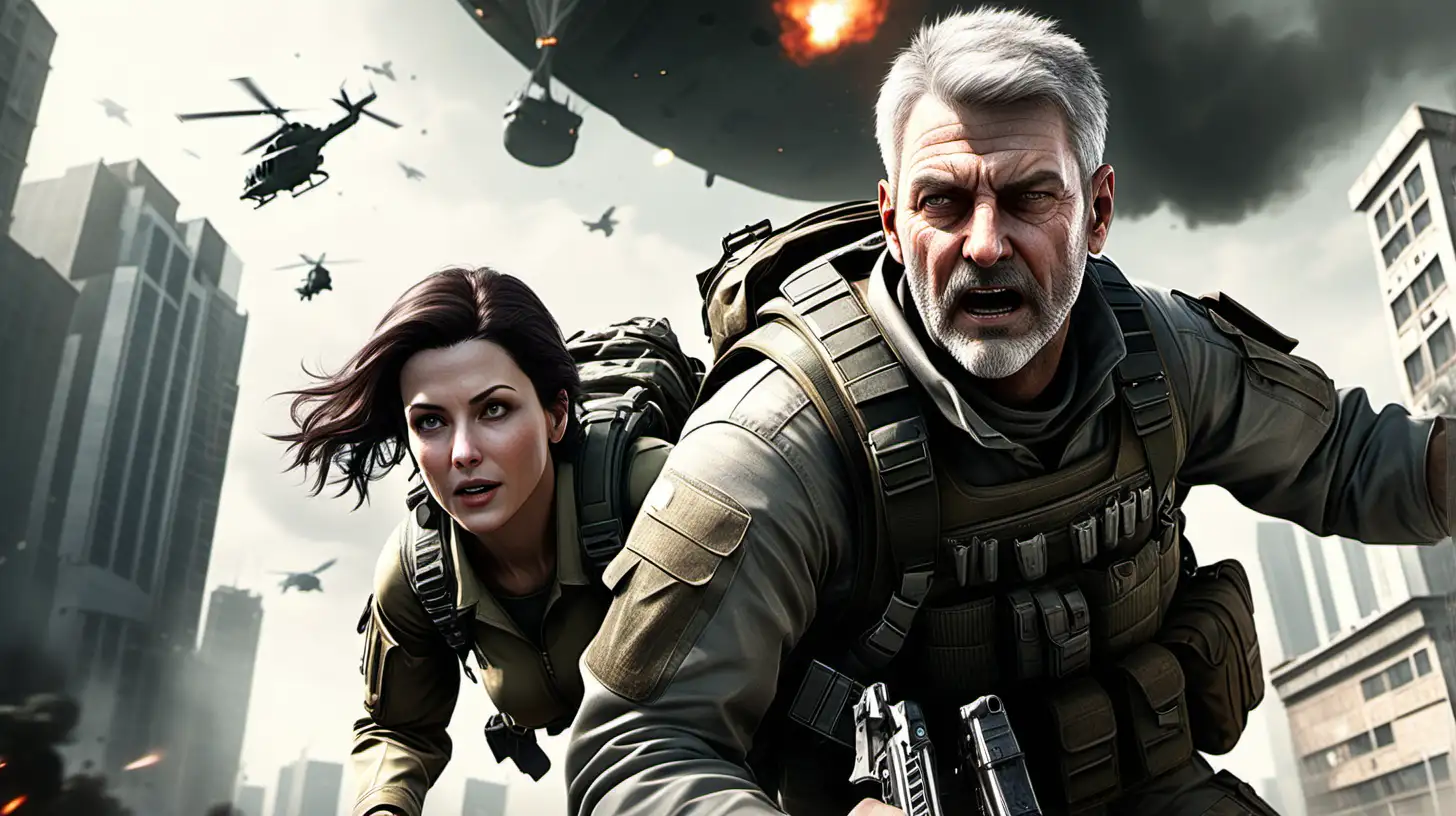 white middle aged man soldier with very short grey hair and a very short grey beard, with a brunette woman, separately parachuting into a city, set in the game call of duty