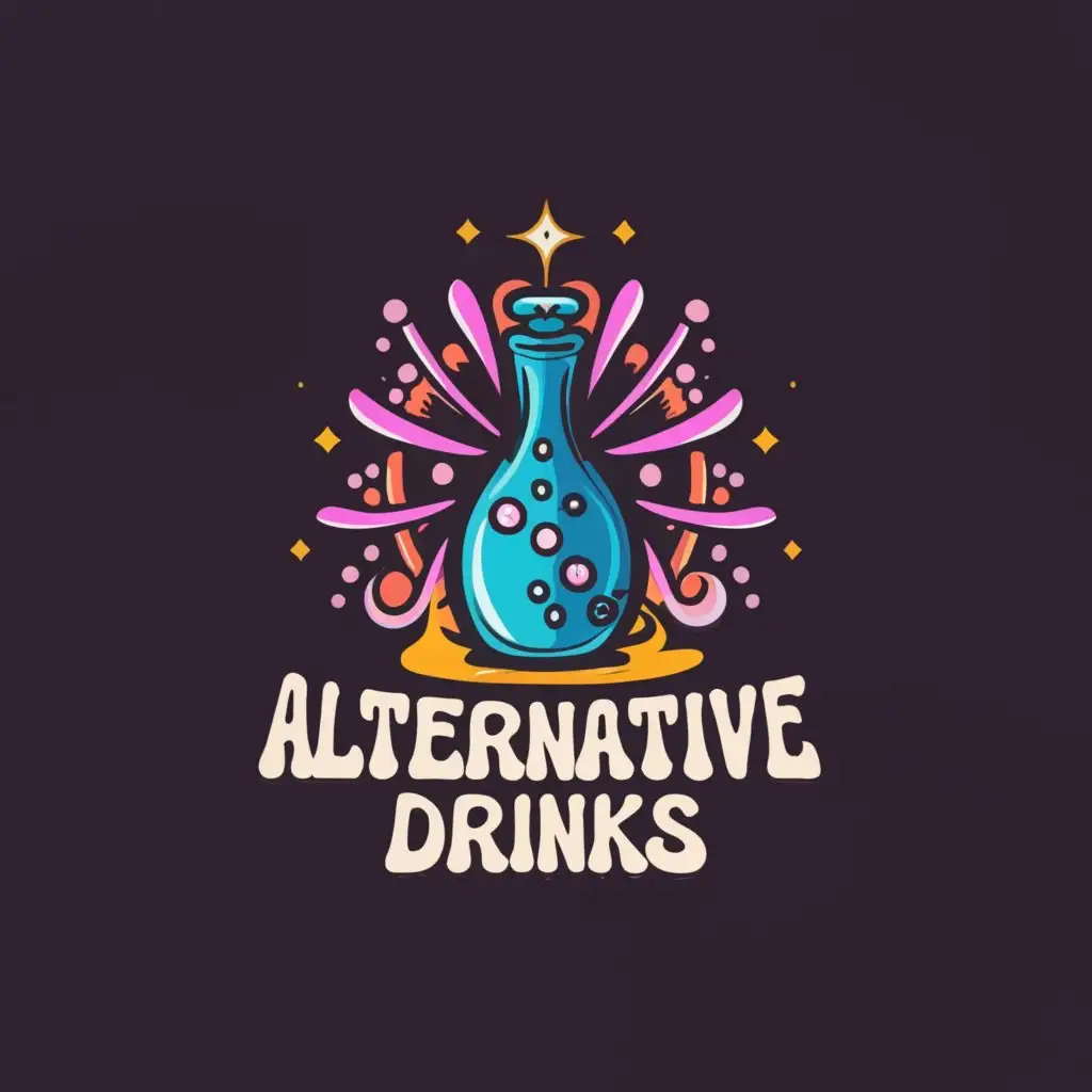 a logo design,with the text "Alternative Drinks", main symbol:a mysterious and magical elixir spewing liquid, gases and sparkles.,Moderate,clear background