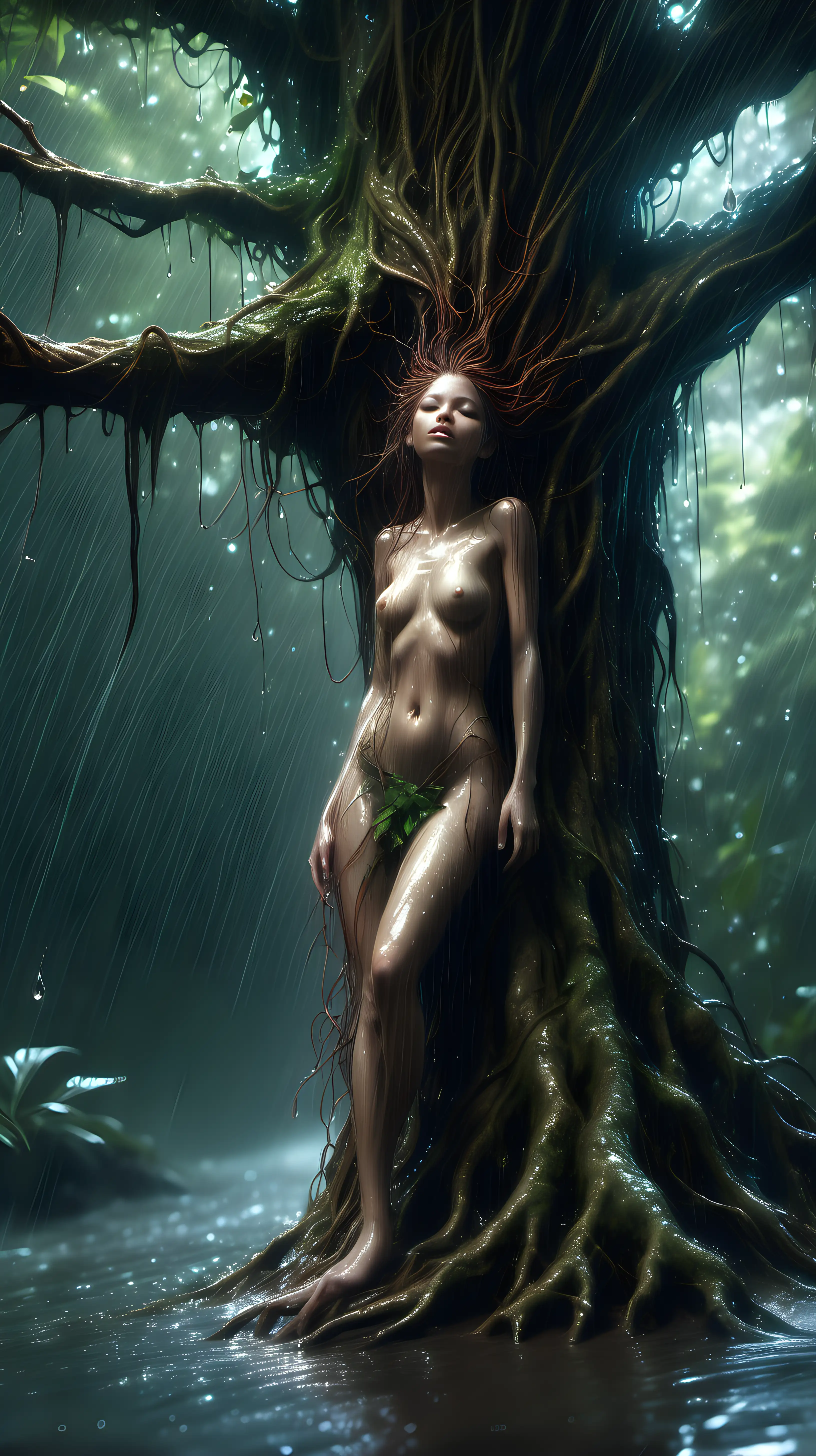 "A raining scenery where a tiny tree spirit is soaking wet, looking up the rain drops, in a rainforest, her hair is connected to the roots of the tree, water dazzling with light and subtle nuances. Dreamlike Fantasy Art, Carne griffiths, lou xaz, artstation, Dynamic Lighting, hyperdetailed painting CGSociety ZBrush Central, beautiful, delicate, intricate, elegant, graceful, shiny, Hyperrealism, fantasy hyperdetailed, water dazzling with light and subtle nuances. Close-up photograph details accentuated with a macro lens, revealing the texture and color nuances --ar 16:9 --style raw --v 6.0 