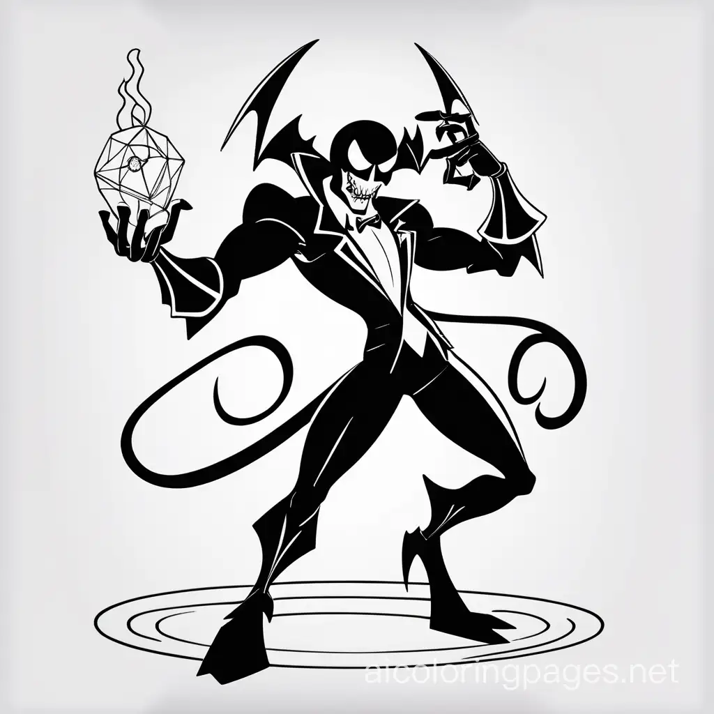 Hazbin hotel art style. Black widow male demon. Cannibalistic demon killing spouses. Has an evil smile. Poisonous fumes to poison spouse. Holding Kane with an hourglass handle. Black outline. Coloring pages, Coloring Page, black and white, line art, white background, Simplicity, Ample White Space. The background of the coloring page is plain white to make it easy for young children to color within the lines. The outlines of all the subjects are easy to distinguish, making it simple for kids to color without too much difficulty