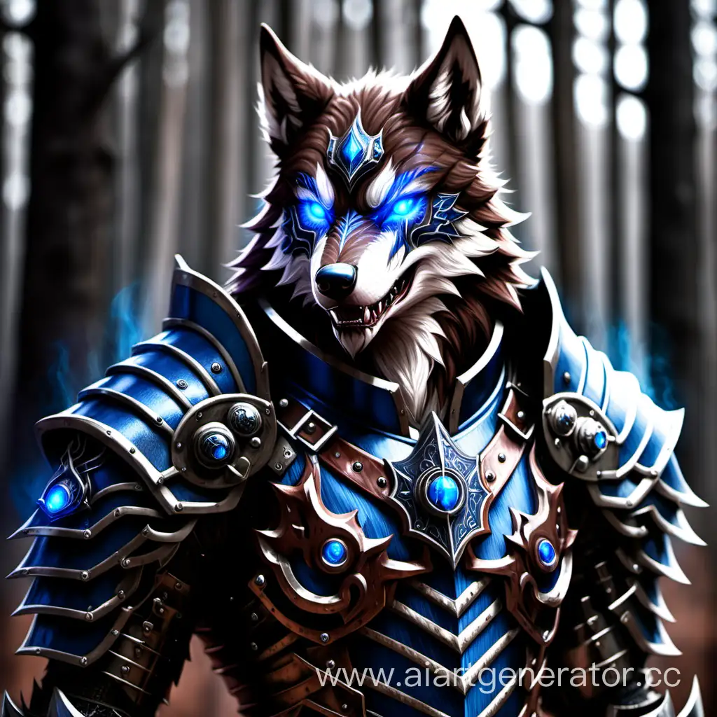 A blue-eyed brown wolf in demonic armor