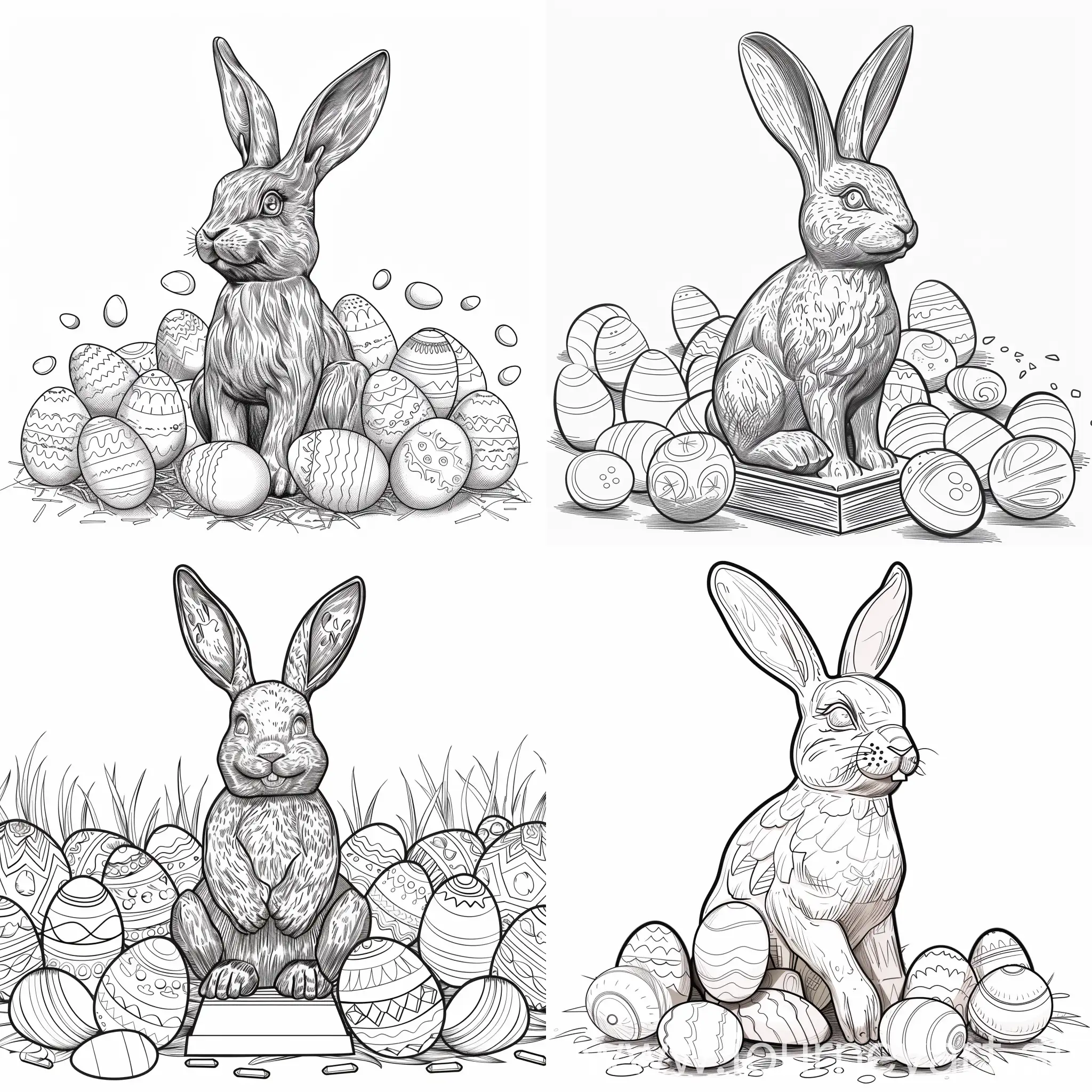 Chocolate-Easter-Bunny-Statue-with-Surrounding-Easter-Eggs-for-Coloring-Book