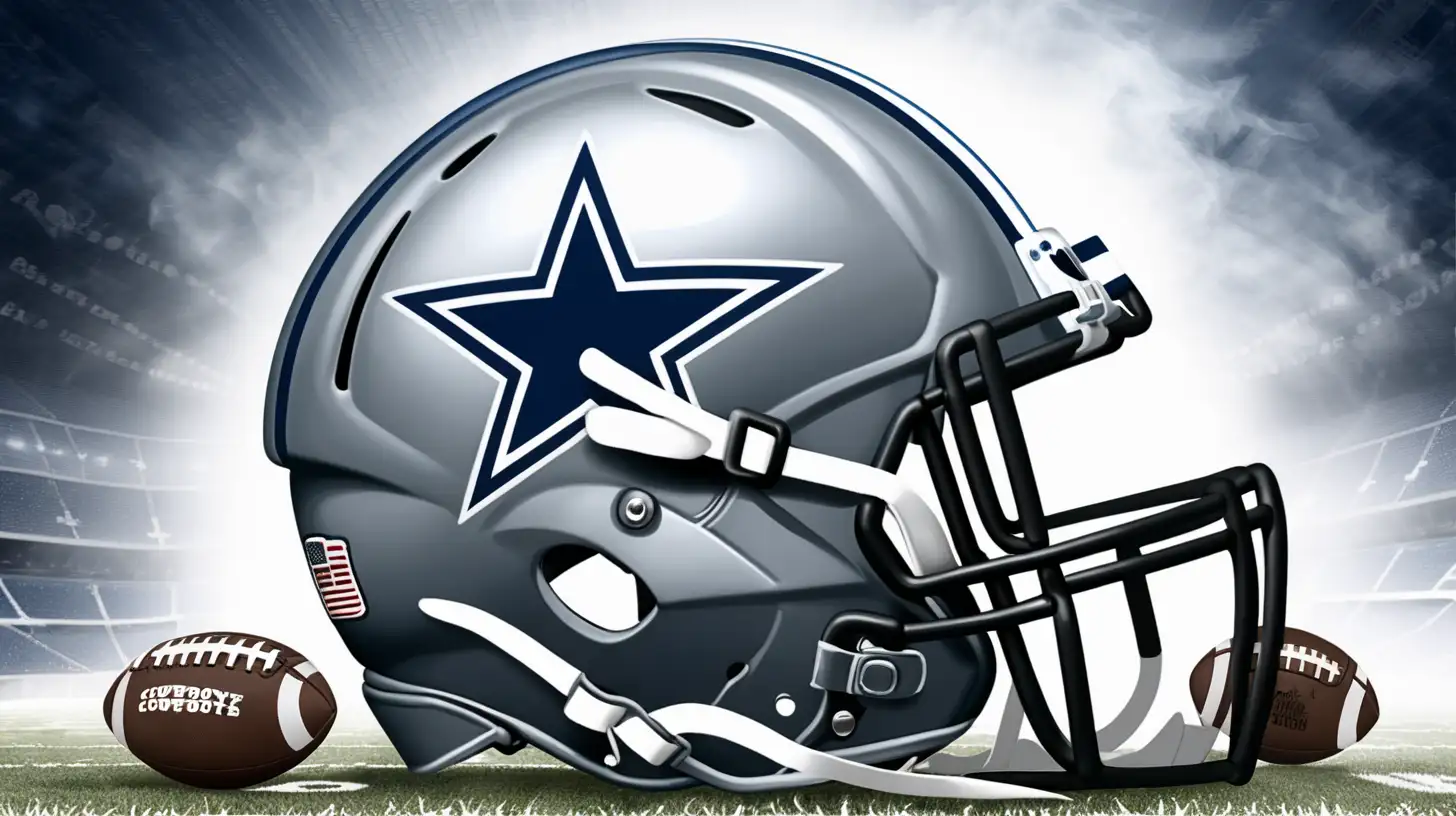 User
DALLAS Cowboys helmet with a footballs and cleats, with the background blue and smokey white