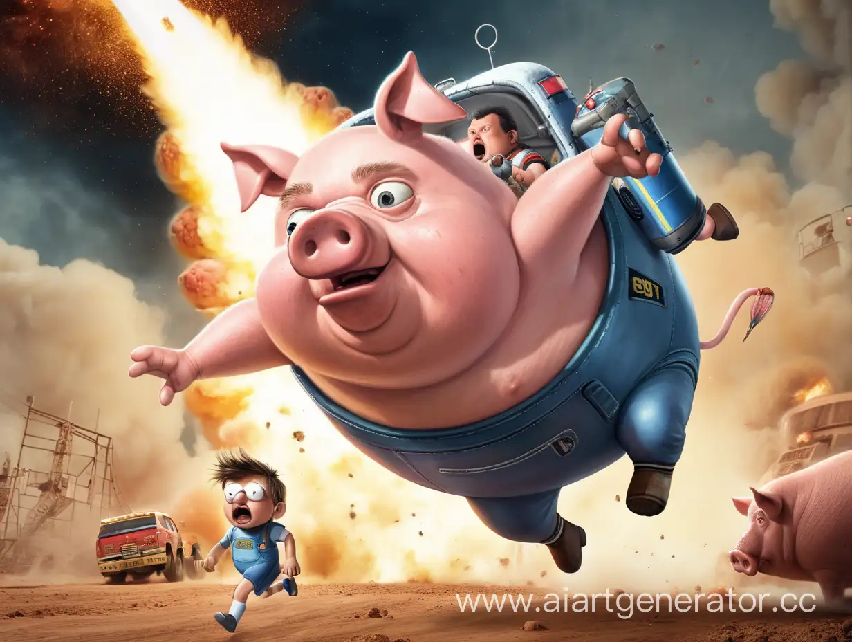 Startling-Encounter-Big-Rocket-Scares-Fleeing-Fat-Pig