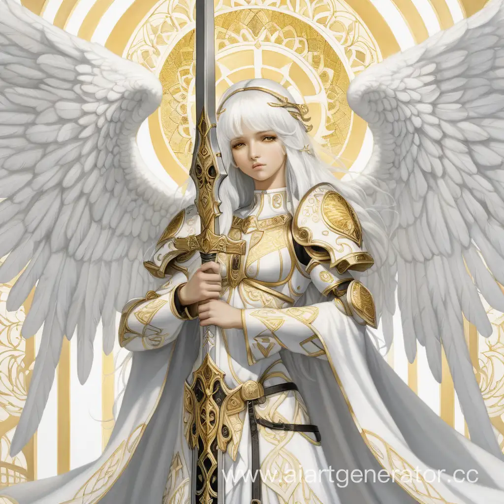 Ангел Серафим, одетый в белую ангельскую одежду с золотыми узорами сзади меч. Над головой ангельские нимба и белые волосы с чёрными пустыми глазами. Пол ее девушка