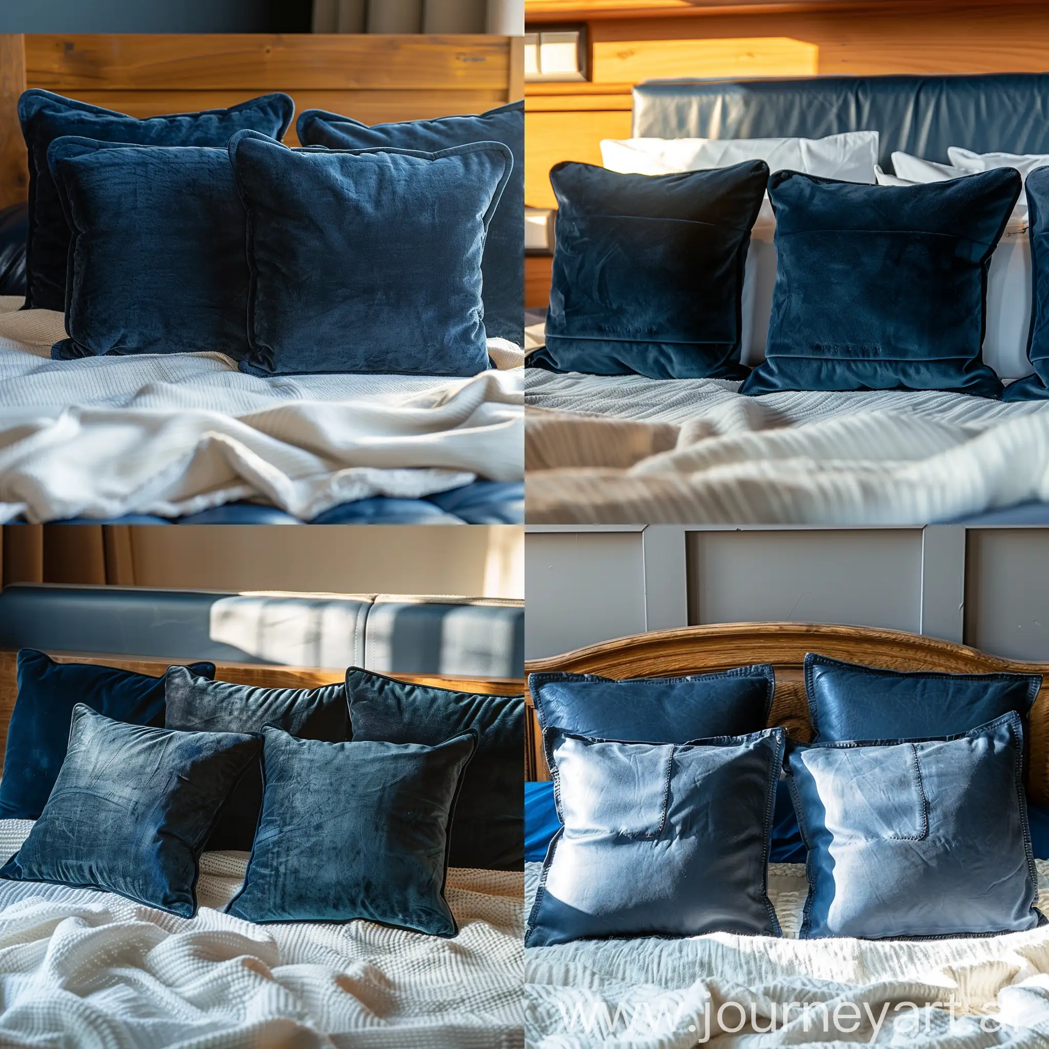 Dettaglio di 4 cuscini blu scuro su una coperta bianca. Testata del letto legno e imbottitura in pelle blu. Luce calda del mattino
