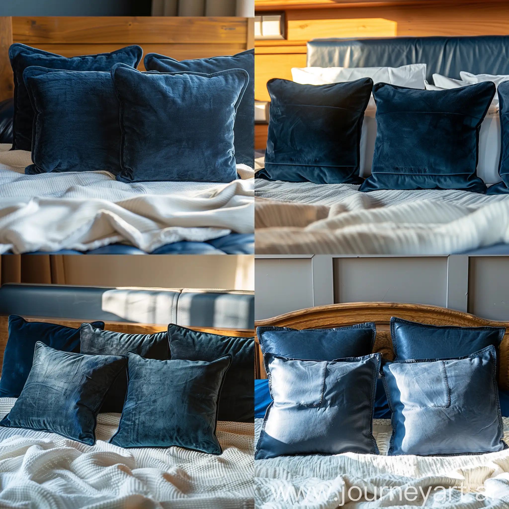 Morning-Light-Accentuates-Blue-Cushions-on-White-Blanket-with-Wooden-Headboard