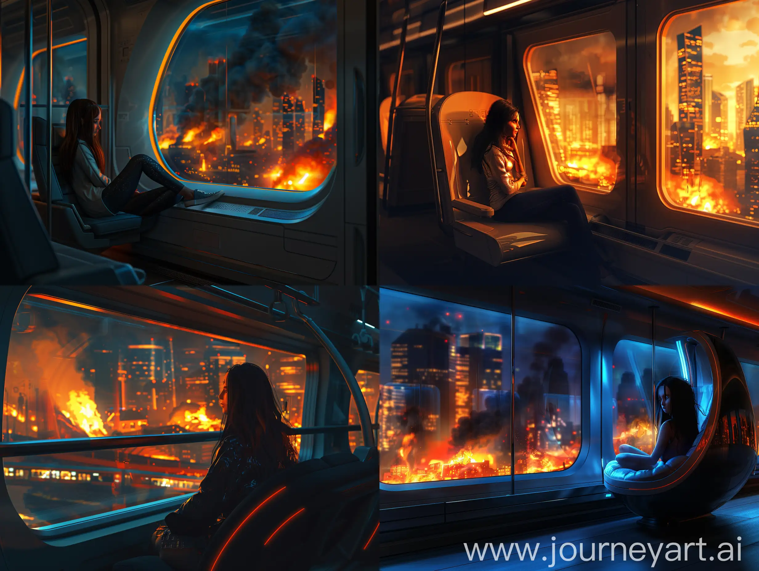 a girl, who is sitting a in a modern fast moving train at night, near the window, she is seeing burining city through the window, she feel sad, Extreme Detail CG Unity 8K wallpaper, masterpiece, highest quality, exquisite lighting and shadow, highly dramatic picture, cinematic lens effect, excellent detail, outstanding lighting, wide angle, (excellent rendering, enough to be proud of its kind