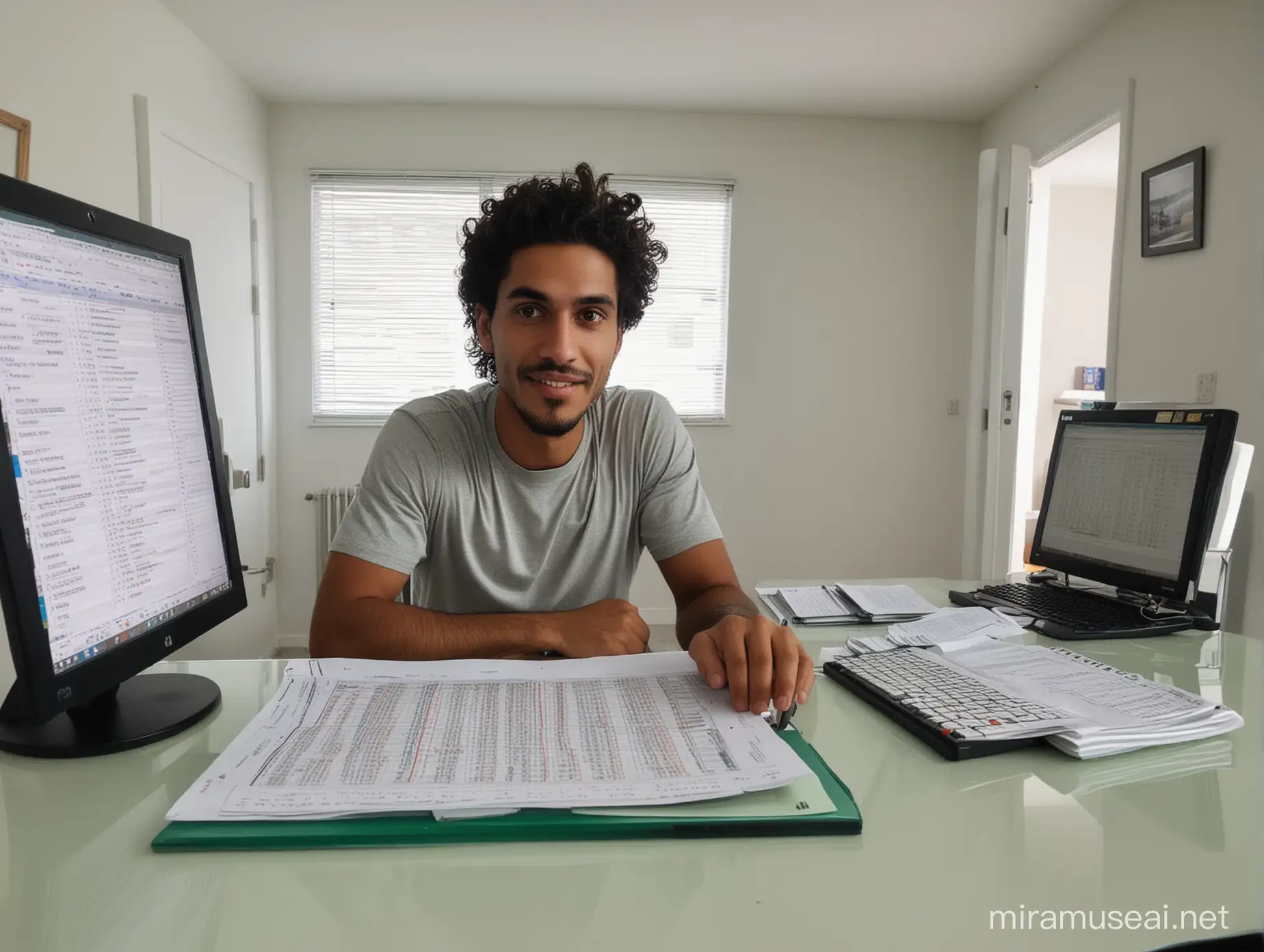 phone photo of simple30 year old Brazilian man making an Excel spreadsheet on the computer looking at the camera, office, fisheye lens, posted to reddit in 2019, --style raw --s 0 --ar 9:16