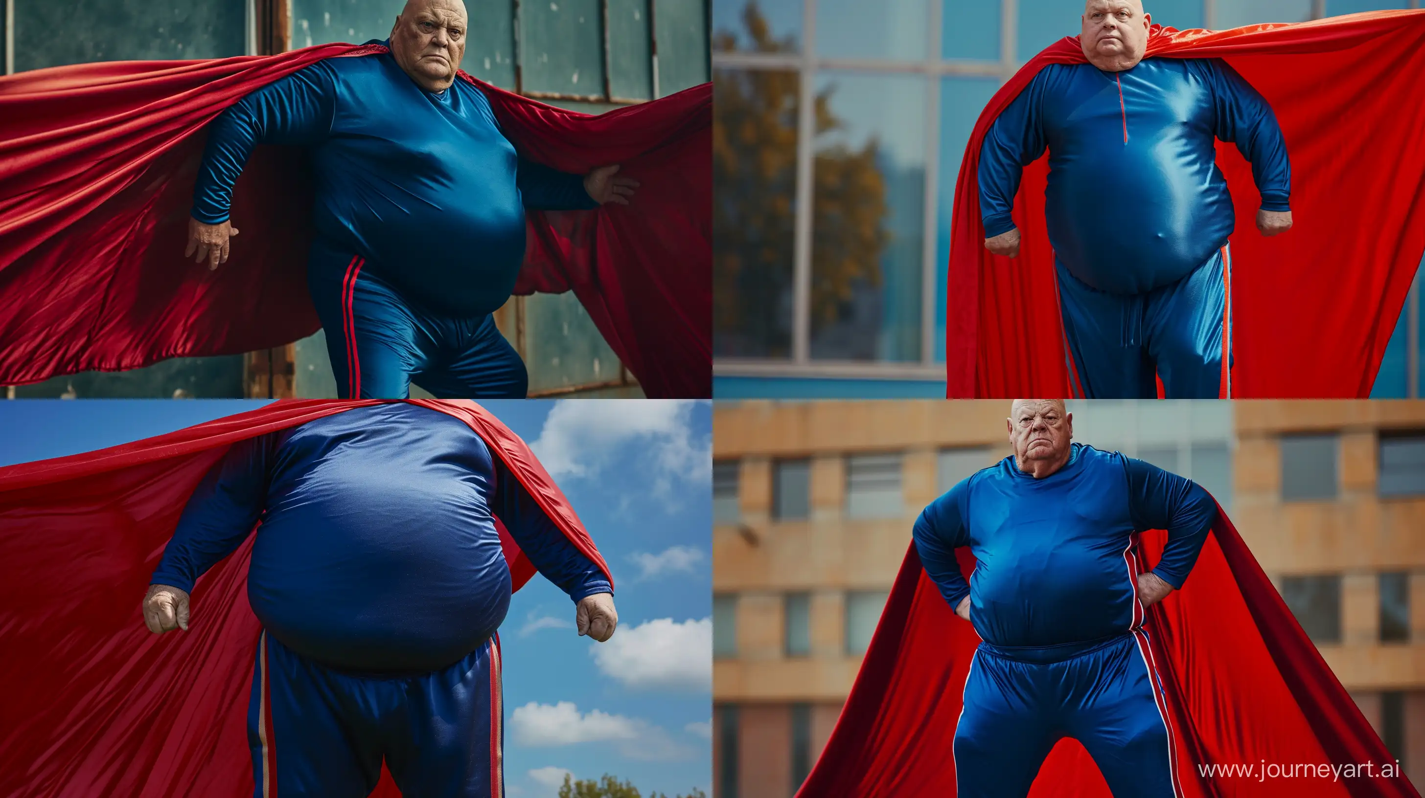 Extreme close-up portrait of a chubby man aged 70 wearing a silky royal blue long sleeved tracksuit shirt and royal blue tracksuit pants with a red vertical stripe on the side of each leg. Thick large and long red silky cape. Bald. Clean Shaven. Outside. --style raw --ar 16:9 --v 6