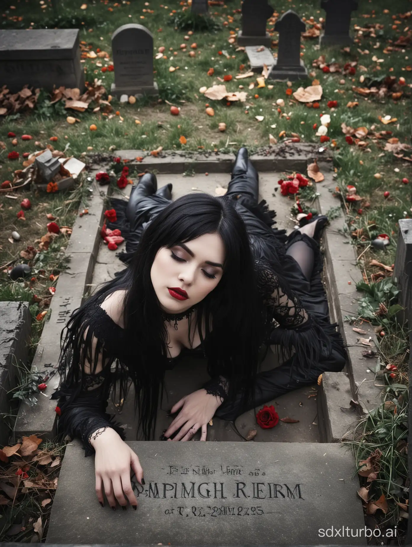 Format photo 5:4
Camera lens 120 mm
prospect framing
Girl, gothic style, 30 years old, long black hair, fringe, eyes closed, very clear skin, heavy make up, dark make up, gothic make up, red lips, full body photo, dead, lying horizontal on a tomb, in a graveyard