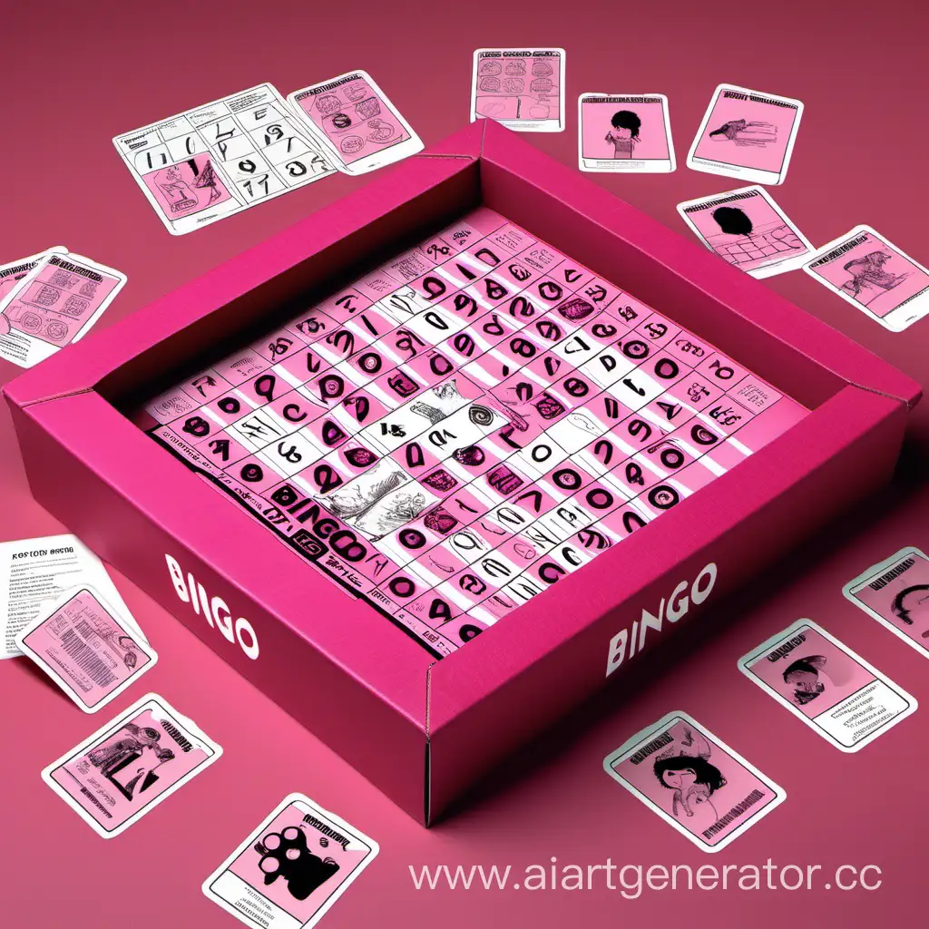 создай экземпляр настольной игры бинго (коробка, упаковка) на тему «БИНГО: детская травма». где будут представлены варианты ее вида: в упаковке, в игре, отдельные компоненты настольной игры бинго в розовом цвете.
