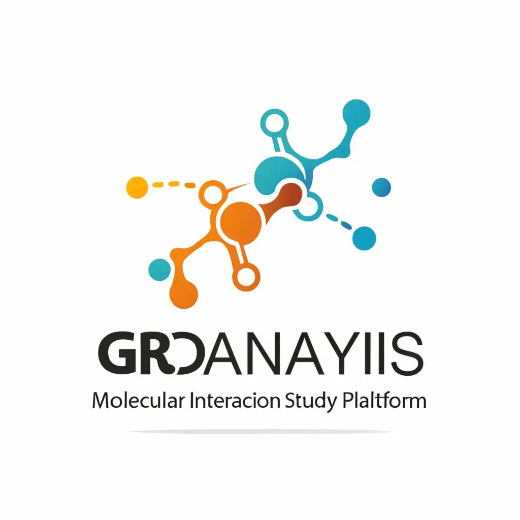 a logo design,with the text "GDT GroAnalysis
Molecular Interaction Study Platform
", main symbol:biomolecules,Minimalistic,be used in Technology industry,clear background