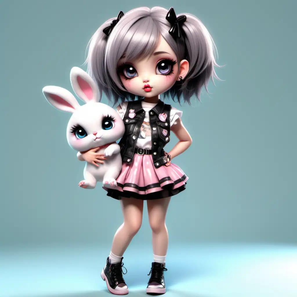 Create an enchanting beautiful very trendy style kawaii girl holding a bunny on her arms. in a beautiful and glamorous sleeveless punk outfit. Bob cut short hair. Beautiful details factions. Big eyes. Trendy shoes. Lip gloss. High quality. HD. no background. Thomas Kinkade style.