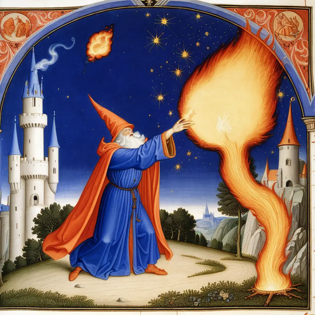 limbourg brothers painting depicting a wizard throwing a fireball 