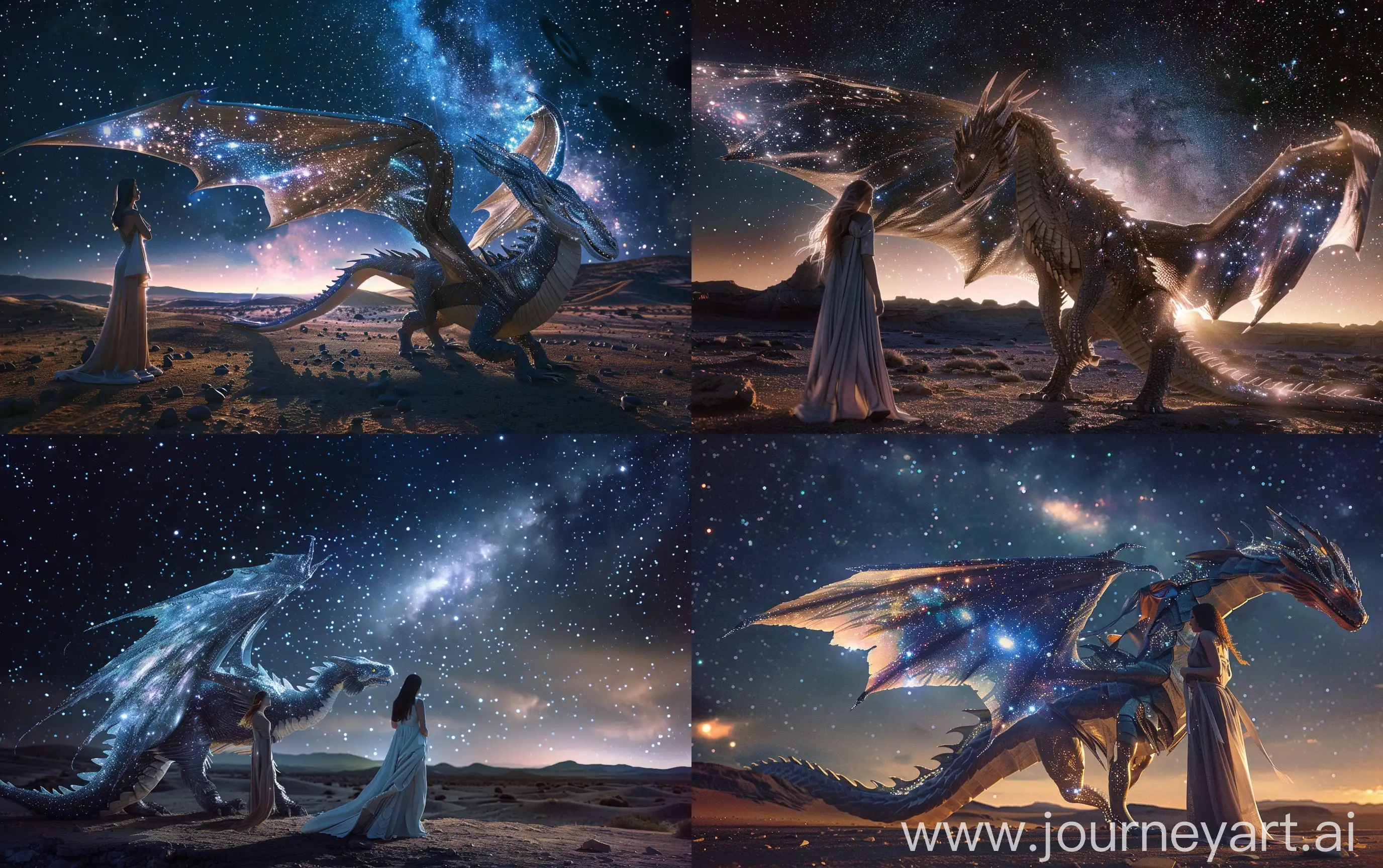 The big winged space dragon stands on ground, wings are made of shining galaxies and stars, beautiful female in long dress looks at the dragon, the night dark desert with small hills, in the sky is deep space with bright nebulas, realistic, Kodak 35mm shot --ar 16:10