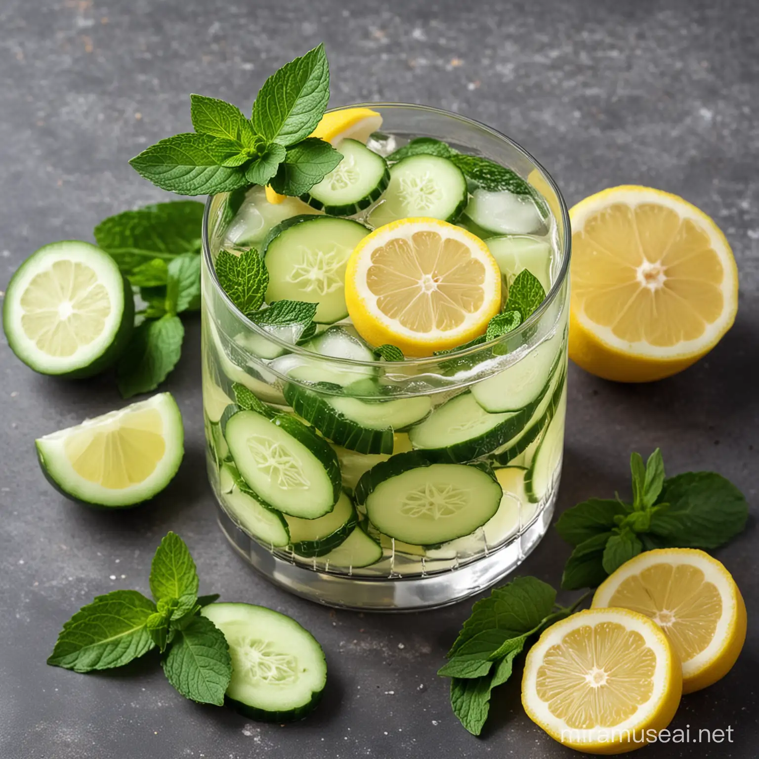 drink with cucumber slices, lemon slices, ginger slices and fresh mint leaves