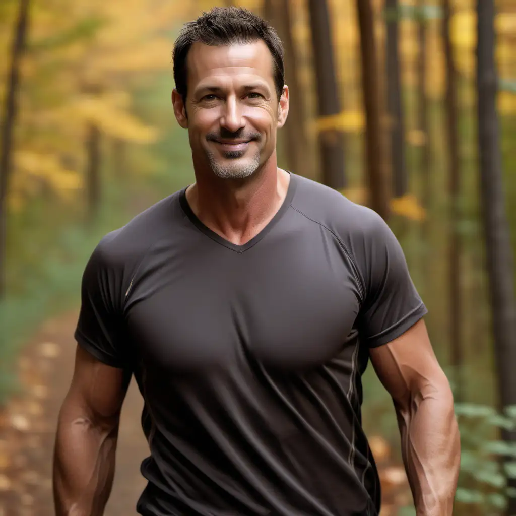 Athletic Businessman Hiking in Autumn Woods at Dawn