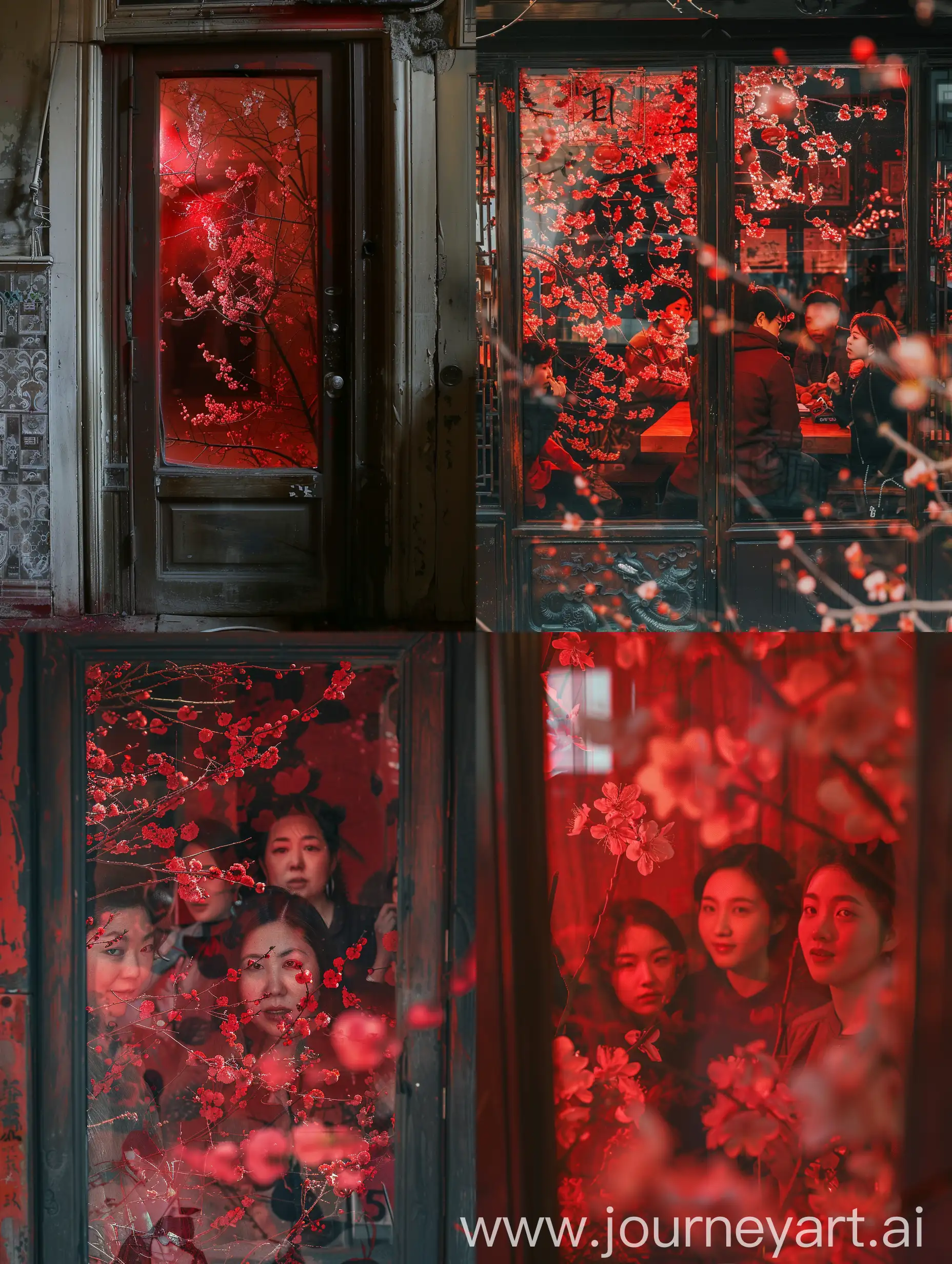 Peoples-Faces-Reflecting-in-Red-with-Peach-Blossoms-at-Doorway