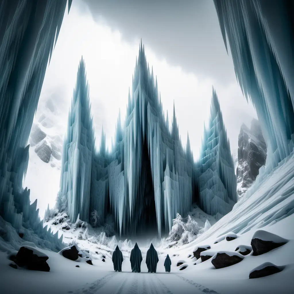 Immense, snowy mountains with shapes resembling ice castles in a snow storm and four cloaked figures walking forward with their backs to us
