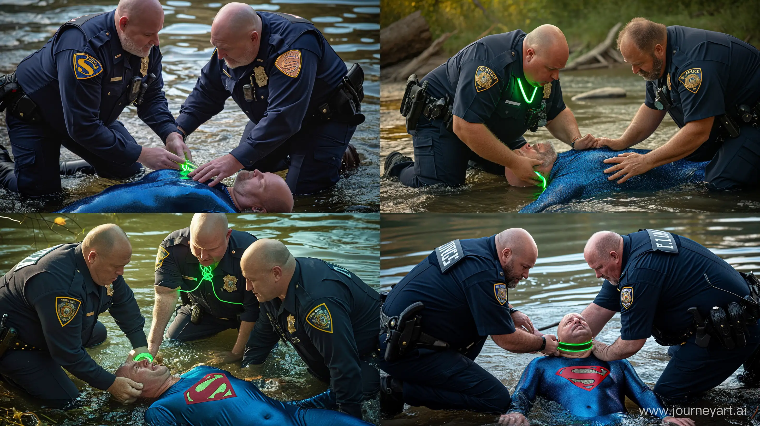Senior-Police-Officers-Securely-Fastening-Glowing-Dog-Collar-on-WaterSubmerged-Superman