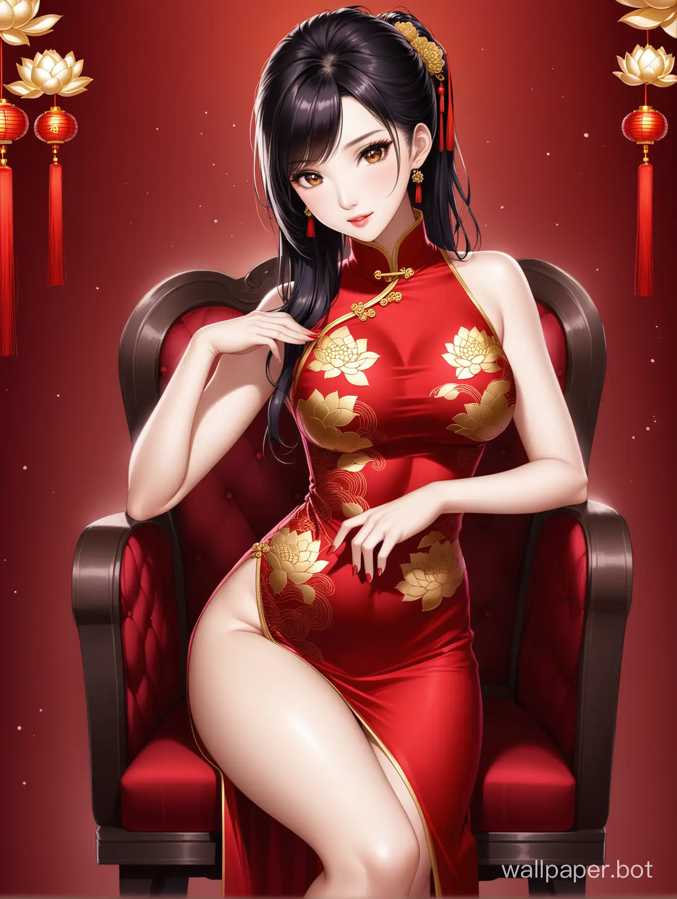 Li Bingbing, Ada Wong, long slit cheongsam with gold lotus flower motif, slim body, big breasts, sitting on chair pose, red 10 cm pump high heels, left hand on left thigh, right hand near right chest.