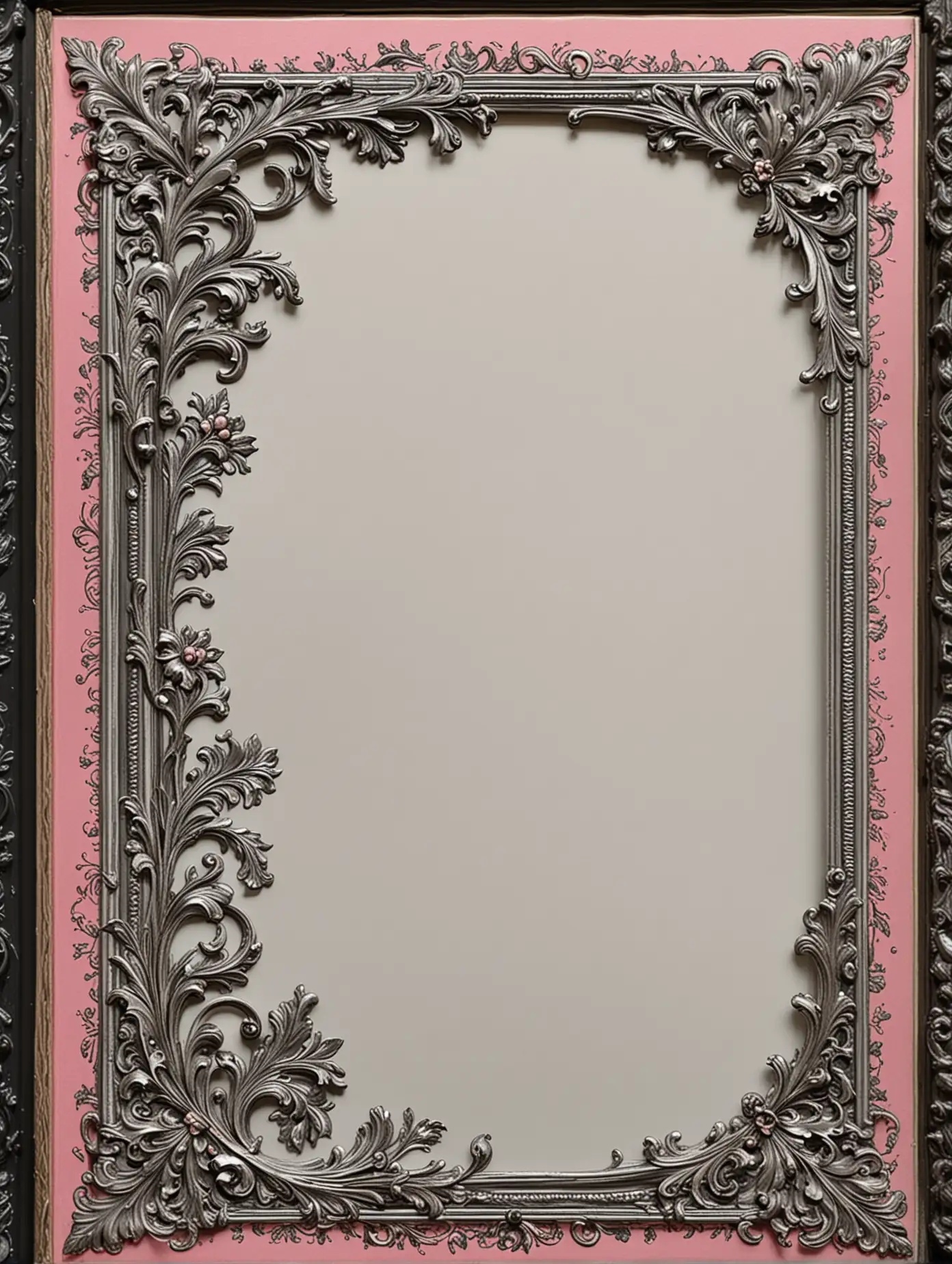 silver, thin ornate book border frame scrollwork, black and pink acanthus scrolls