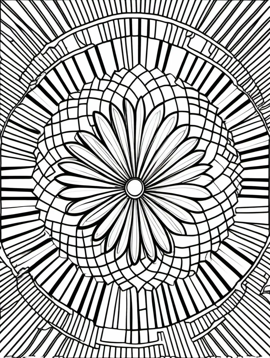 black and white full page coloring page, radial, full page with no border, symmetrical, geometric, abstract pattern, floral, shapes with bold black lines, coloring, relaxation, simple line art, printable outlined art, thin lines, crisp lines --style 4b --ar 2:3 --v4