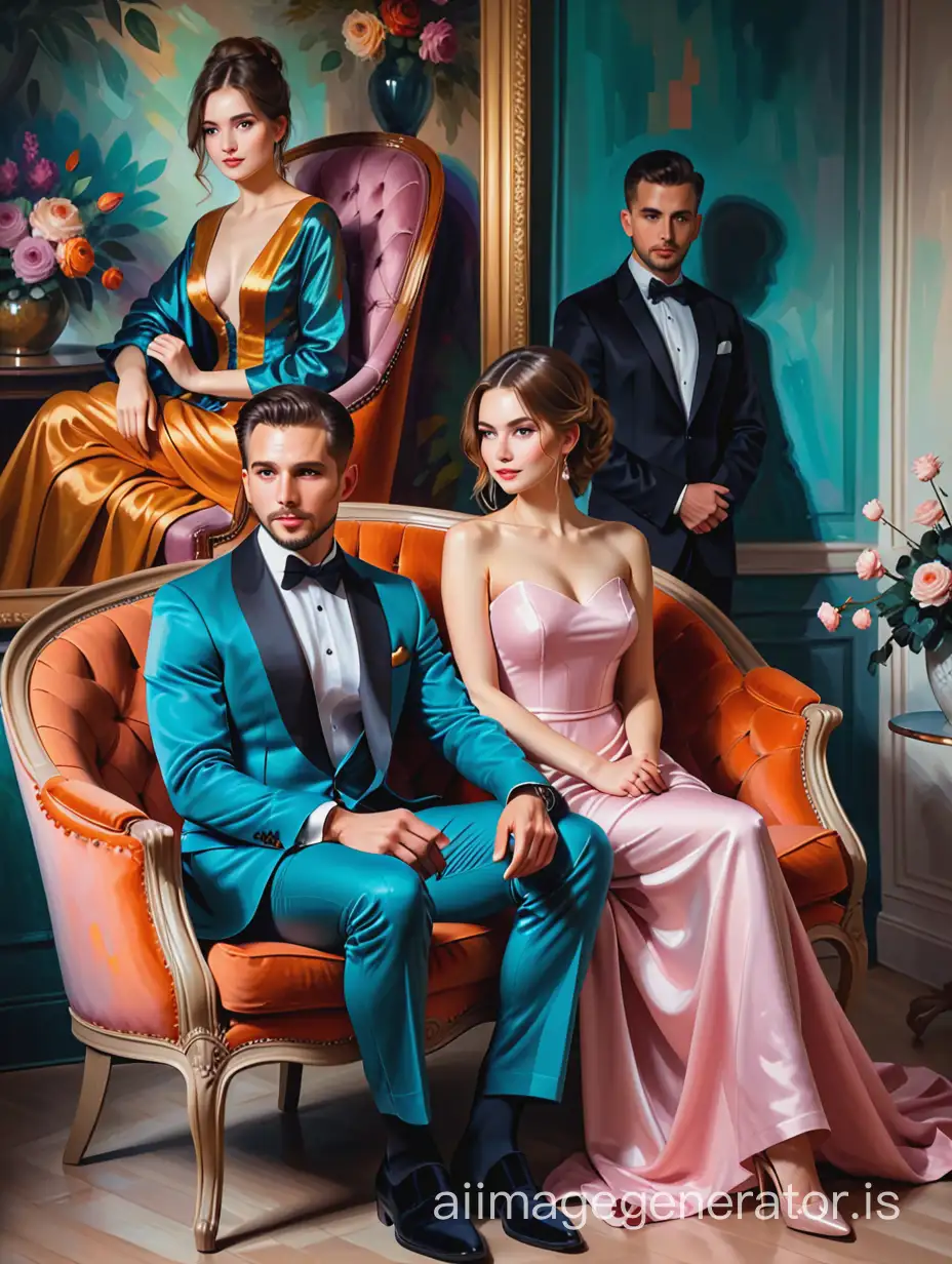 luxury, colors, modern style, garden, a man in a jacket sits in an armchair, next to stands a woman in an evening dress, putting her hand on the man's shoulder, the painting is made in the artistic style of oil paints