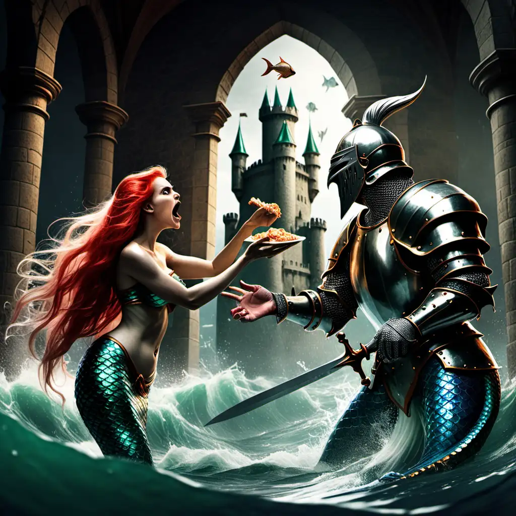 A mermaid angery, feeding a knight in a castle