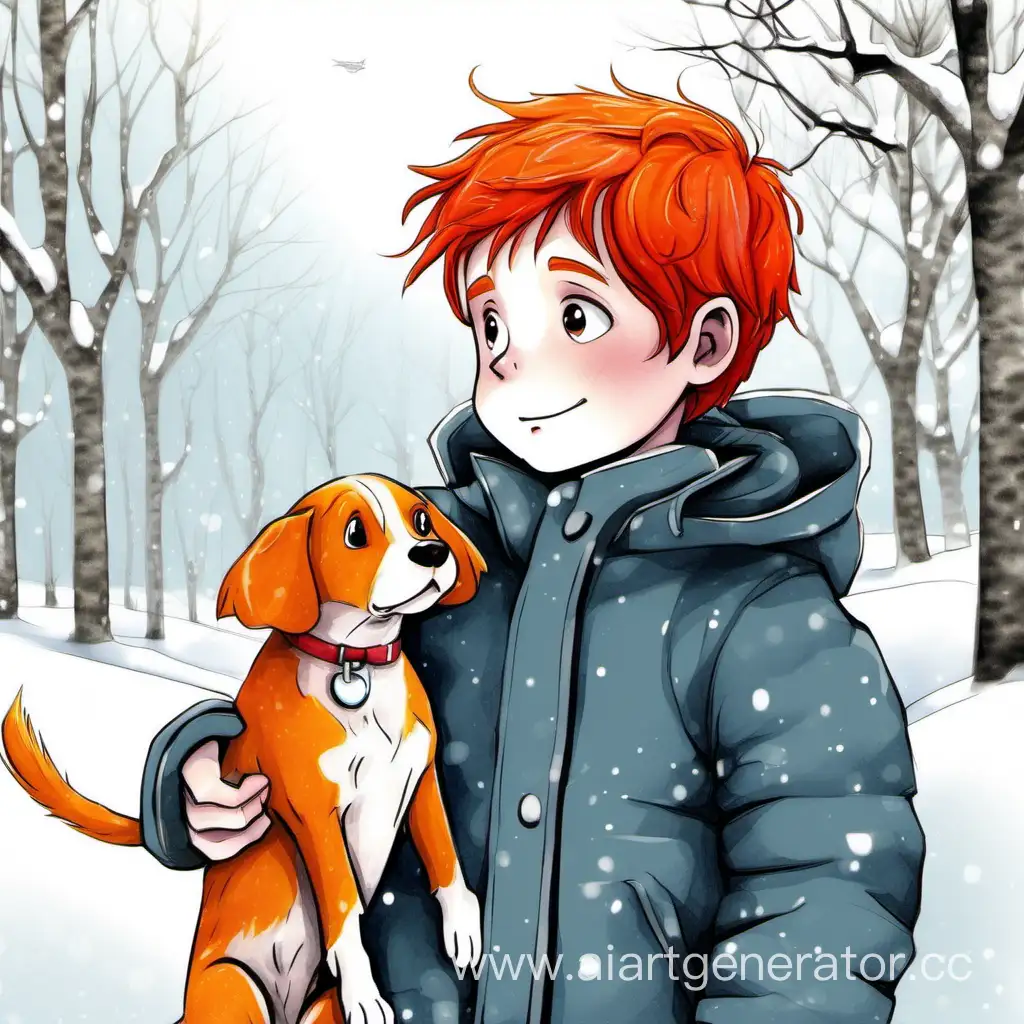 He is a boy. He has got red hair. He has got a dog. The dog doesn't like birds. The boy likes hot dogs. It's winter.